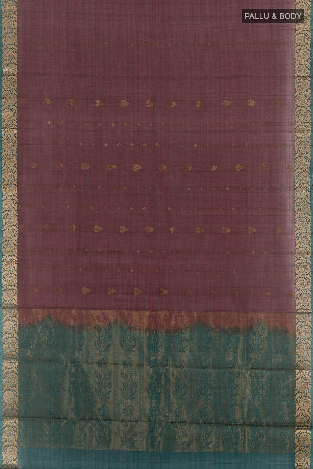 Flat view of Maroon Blended Kora Cotton Saree with Zari Butta on the body and Plain Border. 