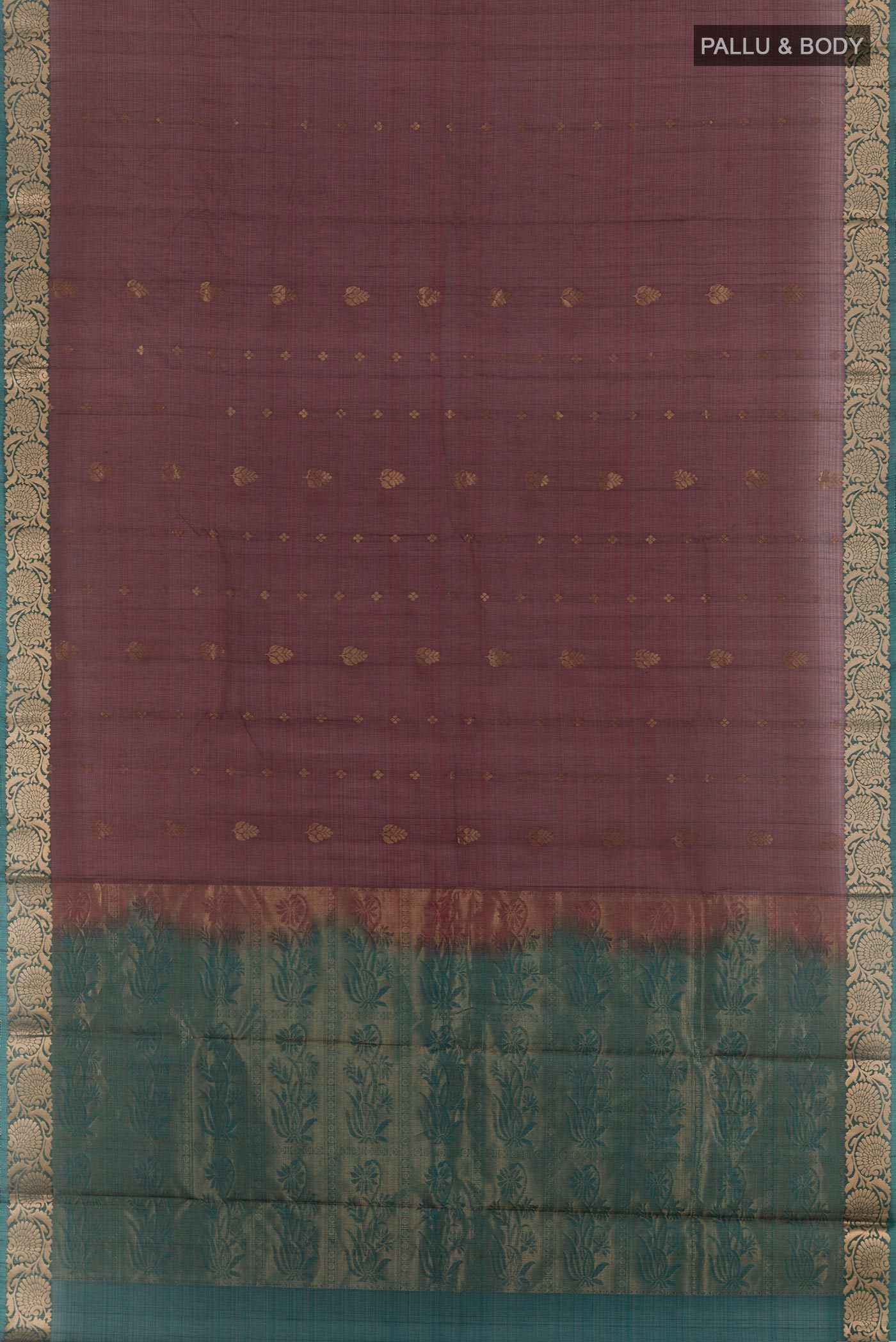 Flat view of Maroon Blended Kora Cotton Saree with Zari Butta on the body and Plain Border. 