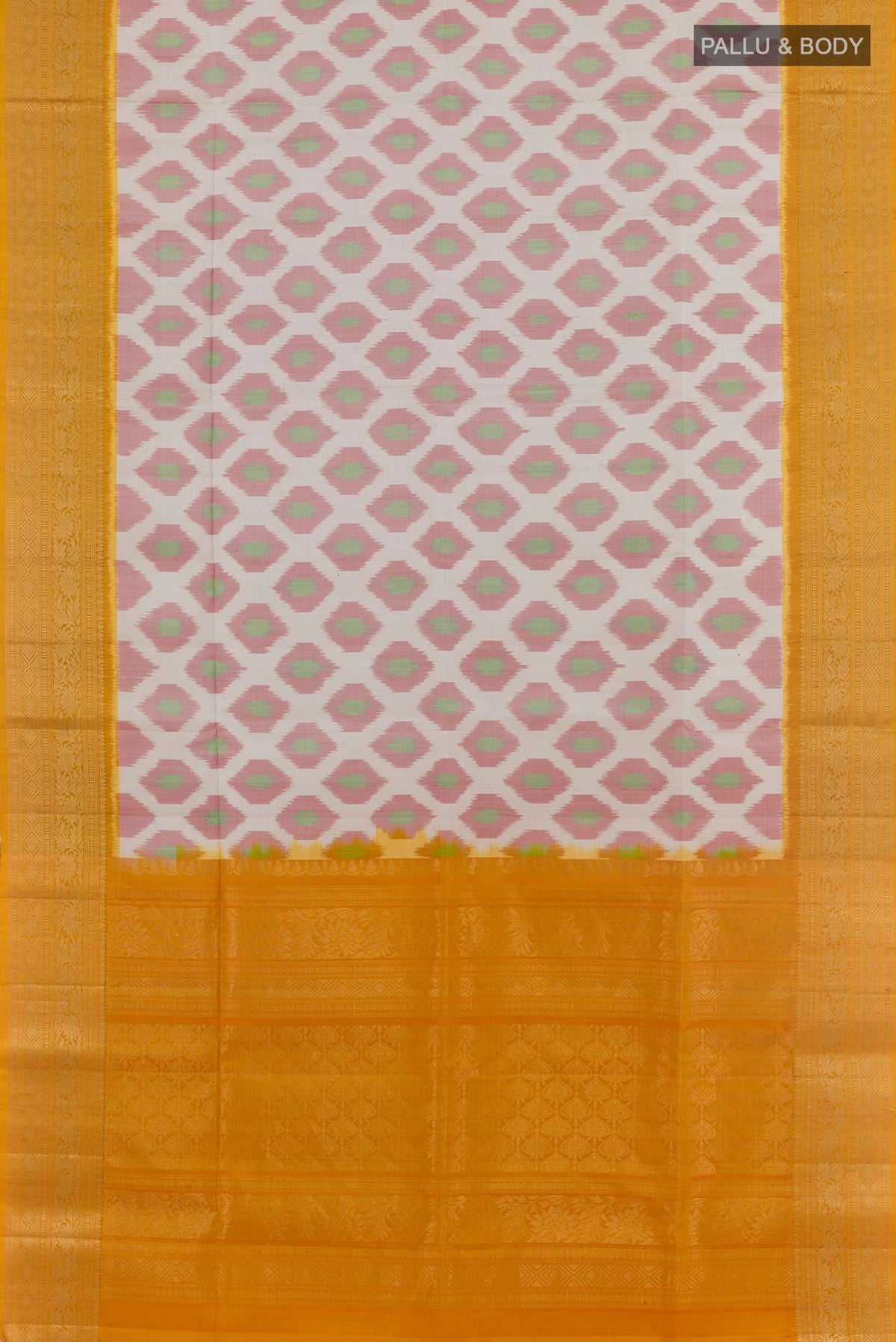 Flat view of Off White Soft Silk Saree with Ikat design on the body and Zari Border. 
