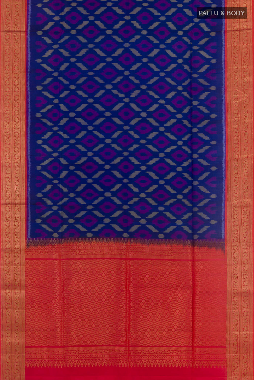 Flat view of Blue Soft Silk Saree with Ikat design on the body and Zari Border. 