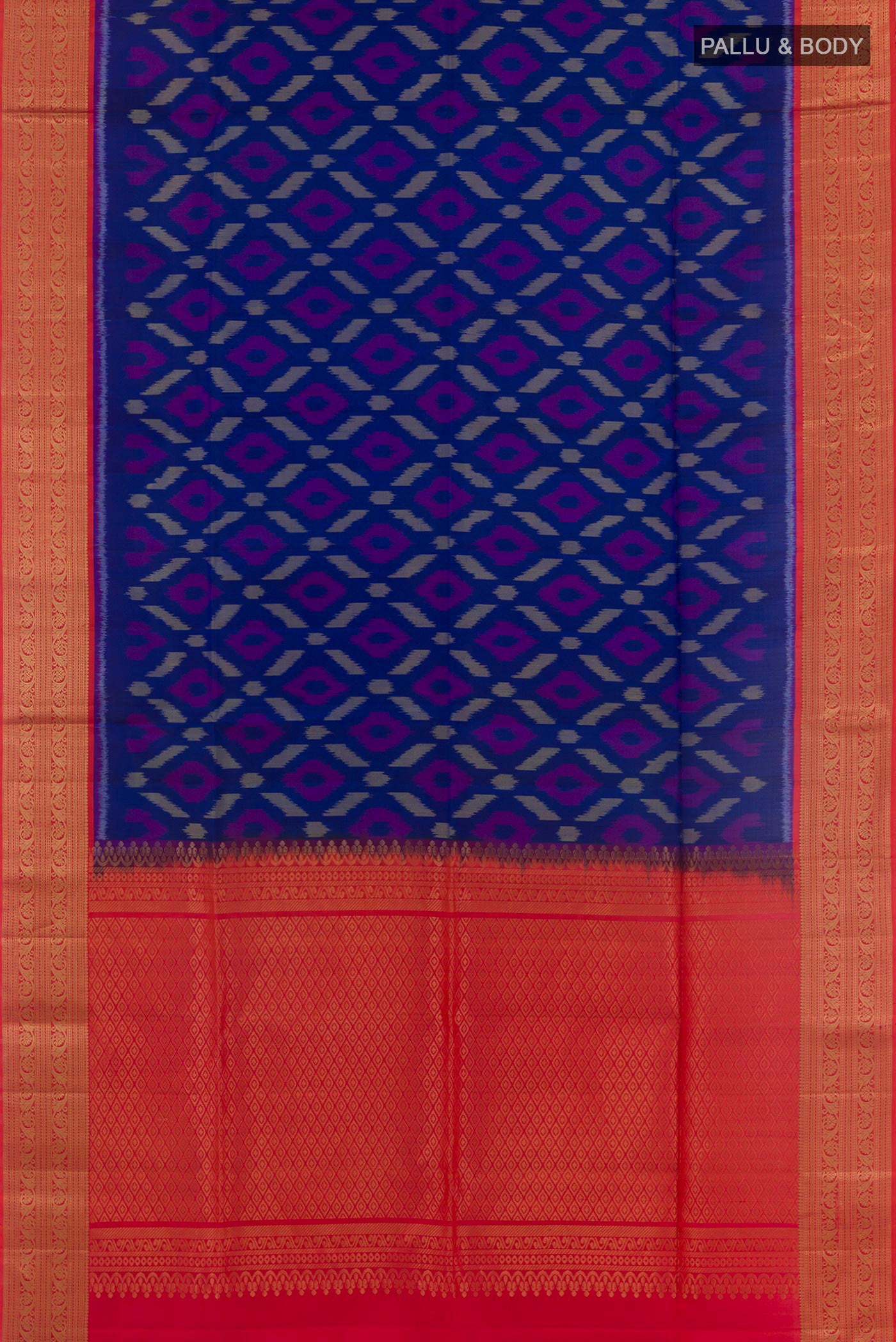 Flat view of Blue Soft Silk Saree with Ikat design on the body and Zari Border. 