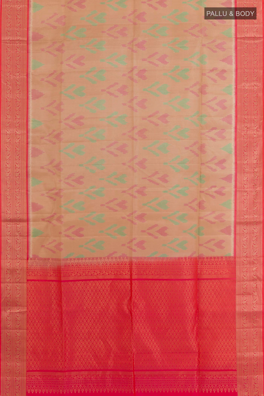 Flat view of Beige Soft Silk Saree with Ikat design on the body and Zari Border. 