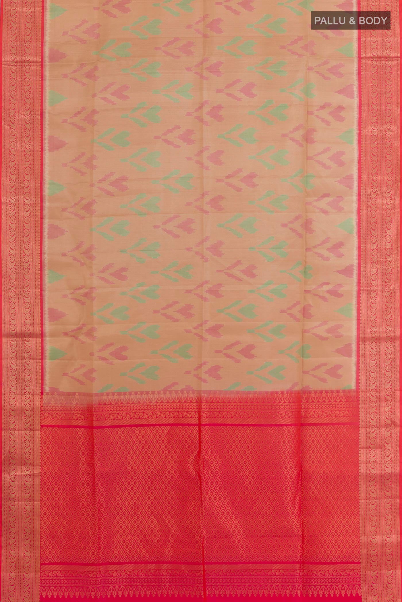 Flat view of Beige Soft Silk Saree with Ikat design on the body and Zari Border. 
