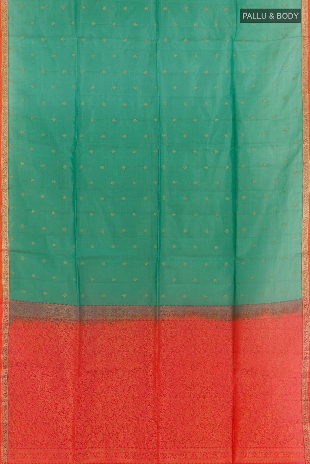 Flat view of Sage Green Soft Silk Saree with Zari Butta on the body and Zari Border. 