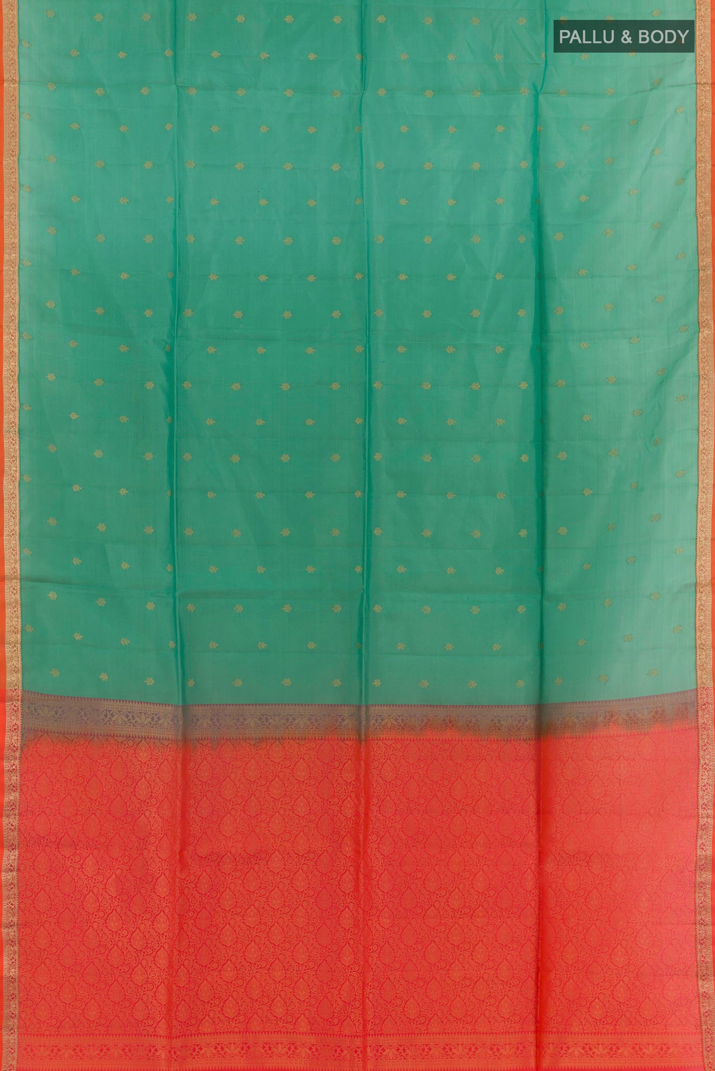 Flat view of Sage Green Soft Silk Saree with Zari Butta on the body and Zari Border. 