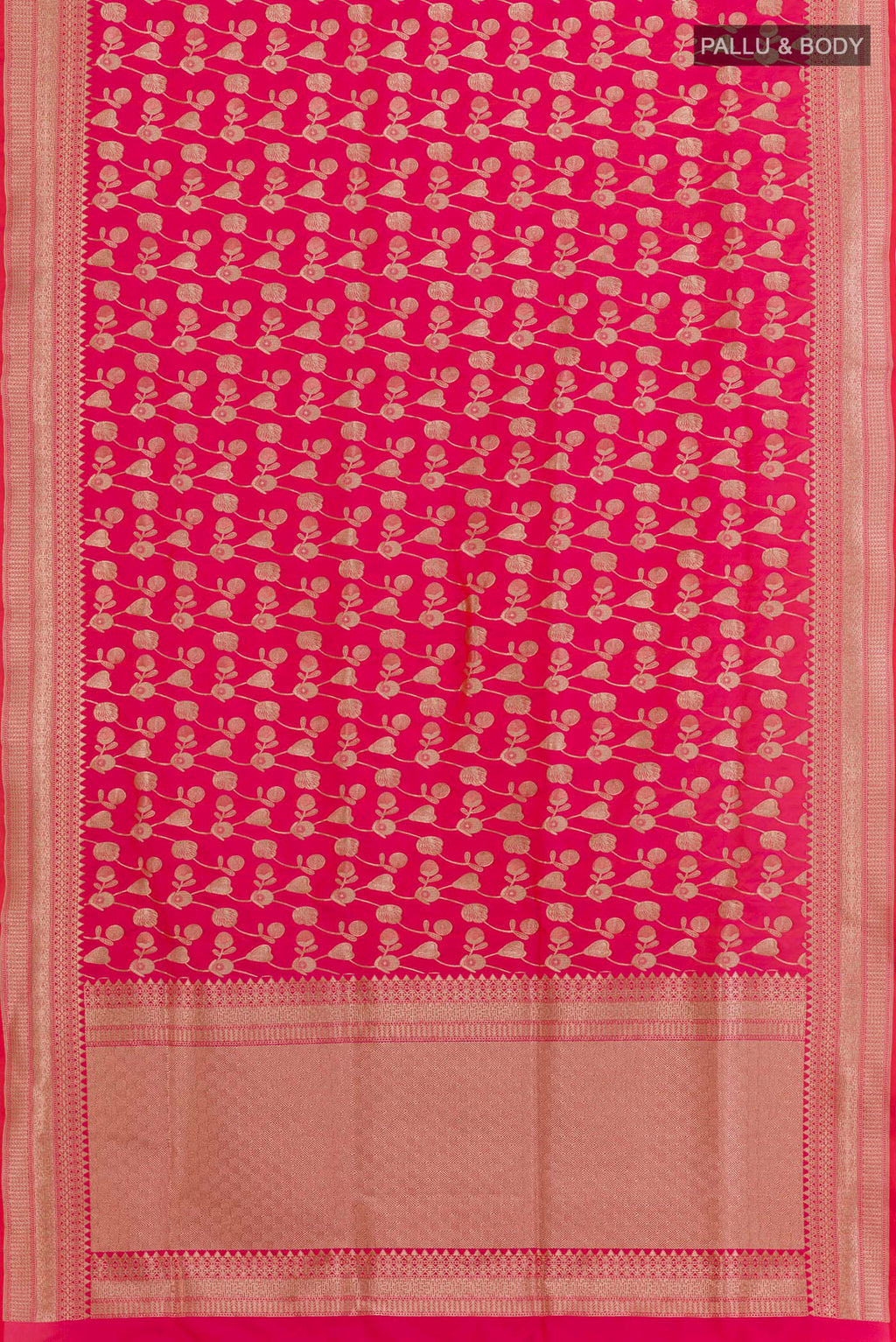 Flat view of Pink Banarasi Silk Saree with Zari Brocade on the body and Zari Border. 