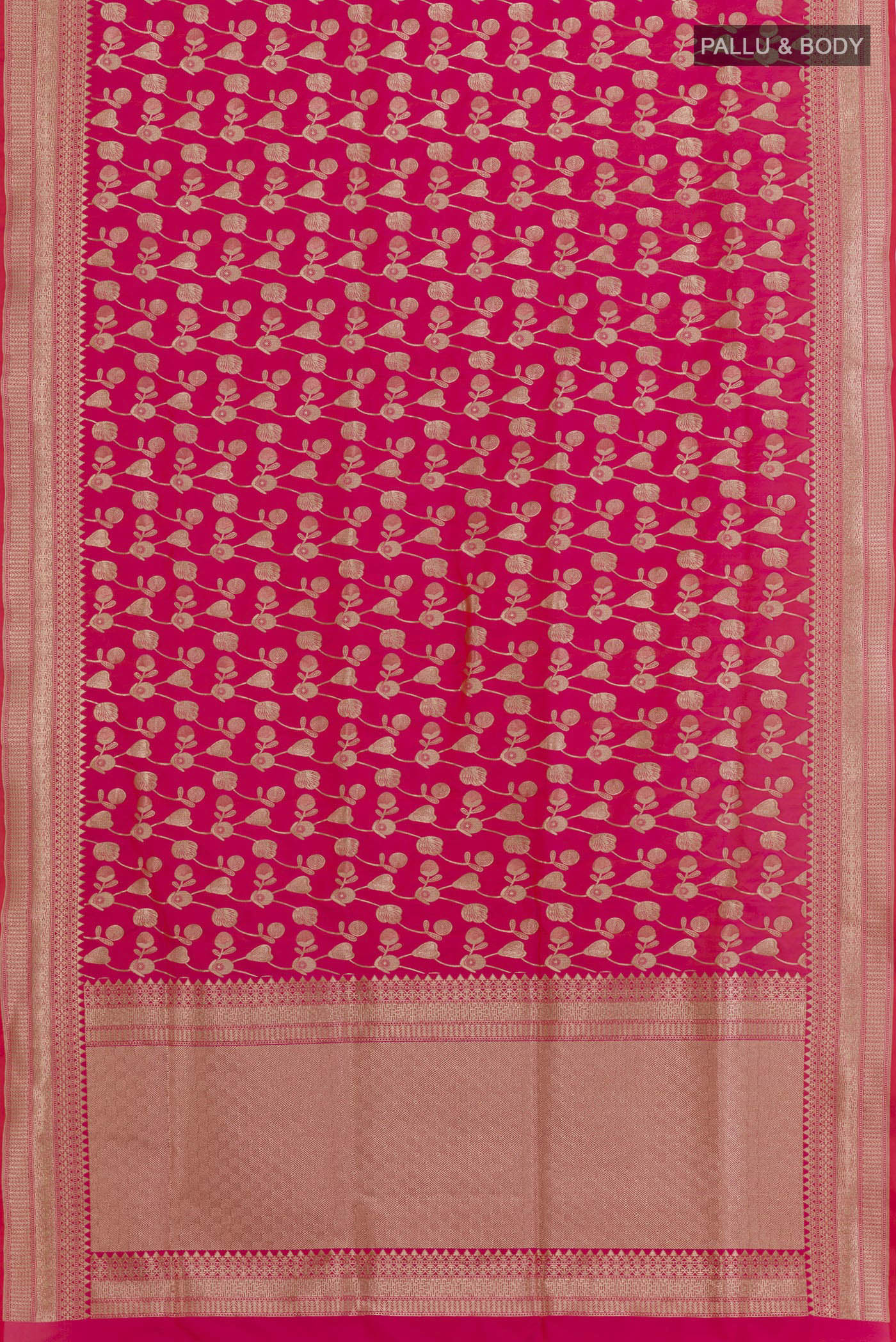 Flat view of Pink Banarasi Silk Saree with Zari Brocade on the body and Zari Border. 