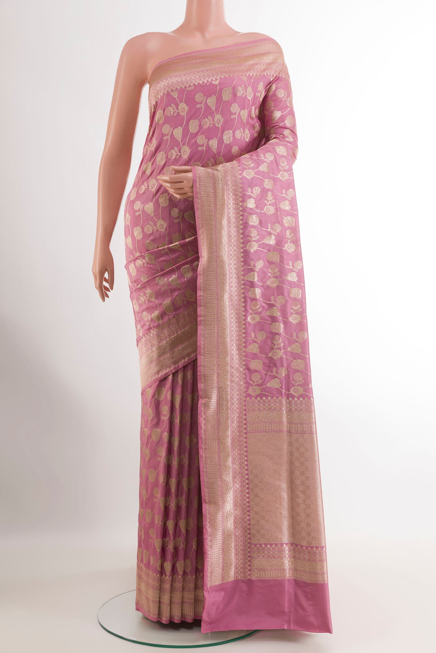 Pink Banarasi Silk Saree with Zari Brocade on the body and Zari Border.  displayed on a mannequin