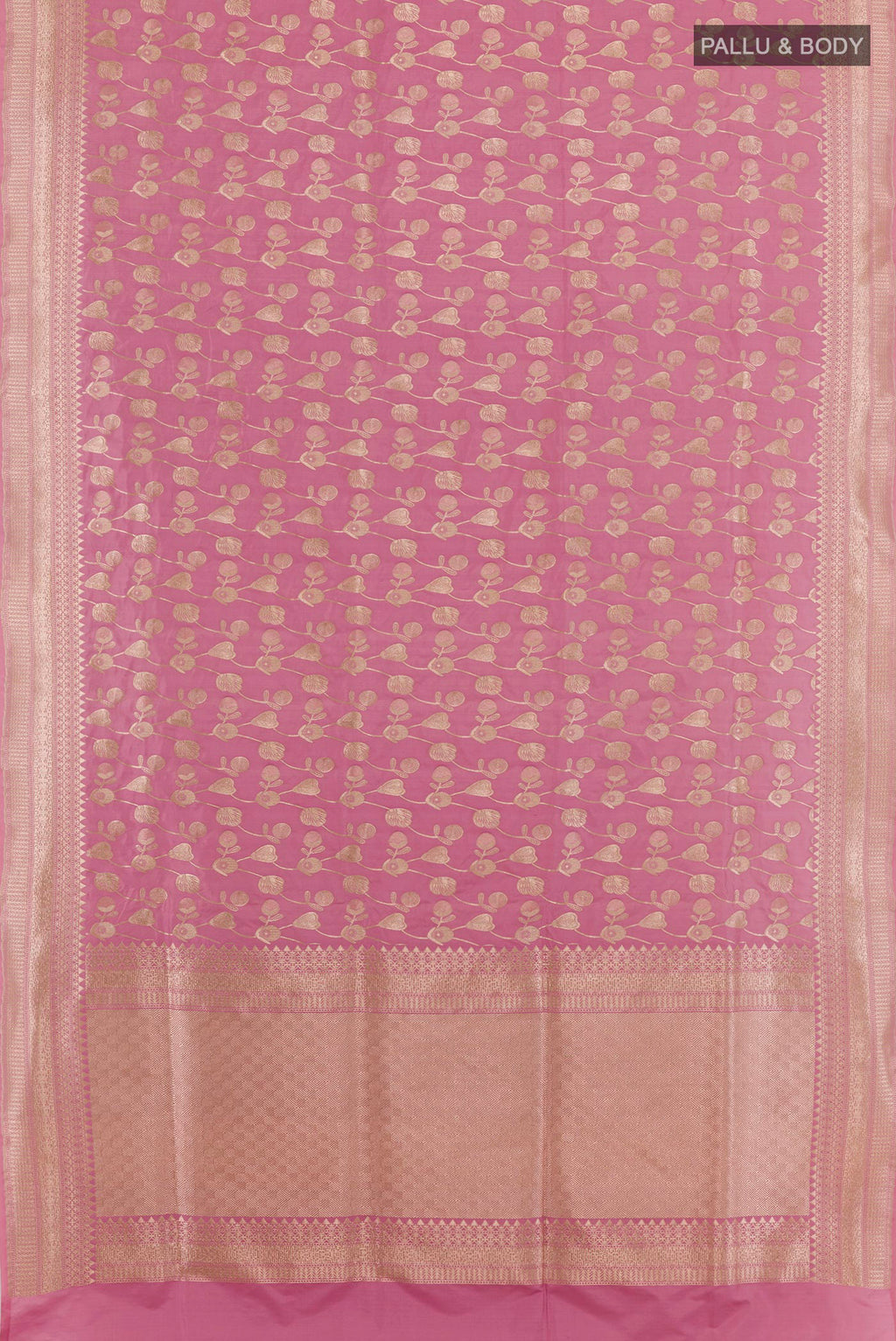 Flat view of Pink Banarasi Silk Saree with Zari Brocade on the body and Zari Border. 