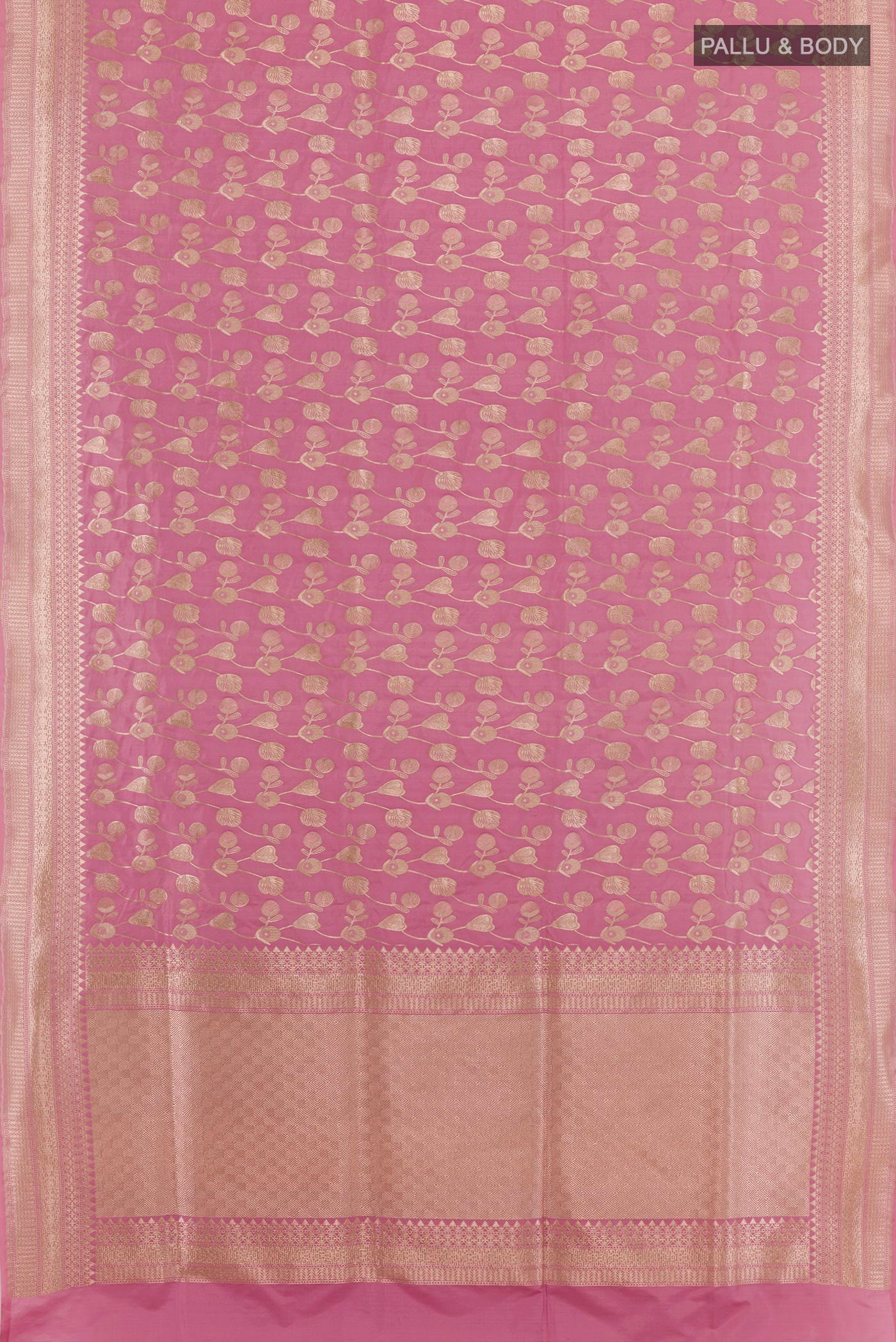 Flat view of Pink Banarasi Silk Saree with Zari Brocade on the body and Zari Border. 