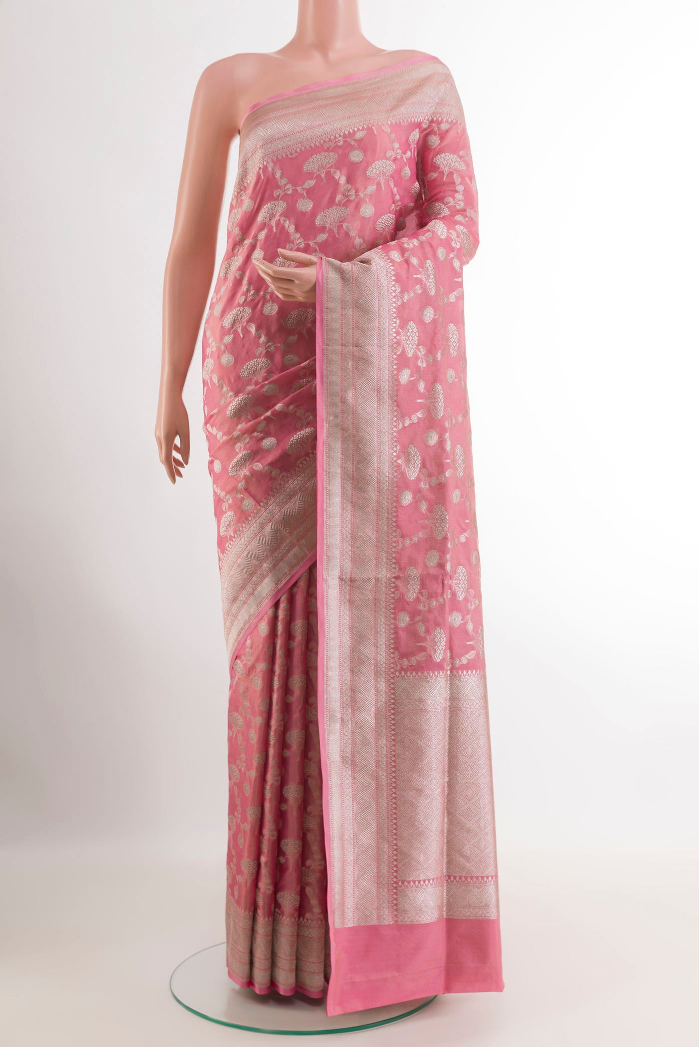 Pink Banarasi Silk Saree with Zari Brocade on the body and Zari Border.  displayed on a mannequin