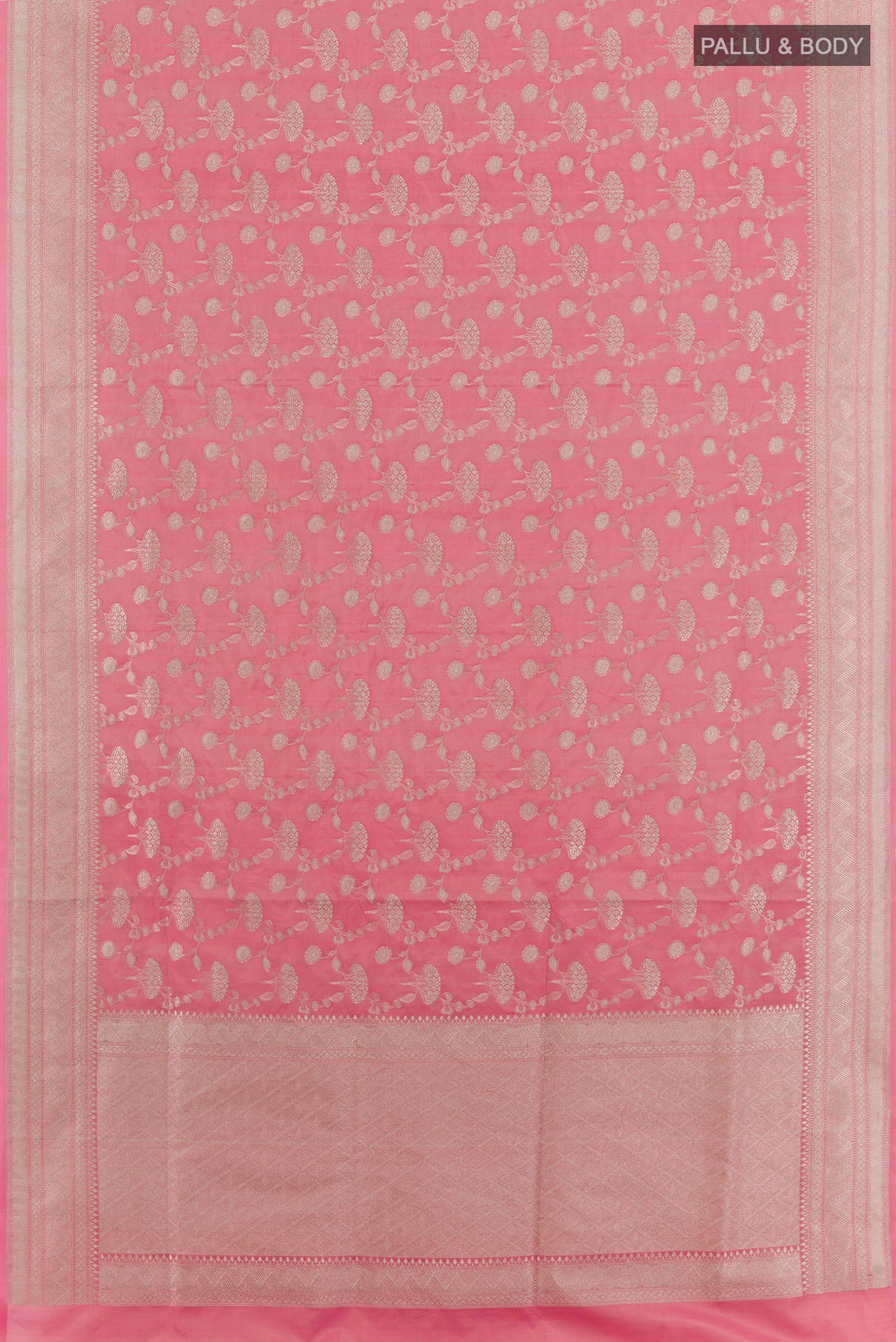 Flat view of Pink Banarasi Silk Saree with Zari Brocade on the body and Zari Border. 