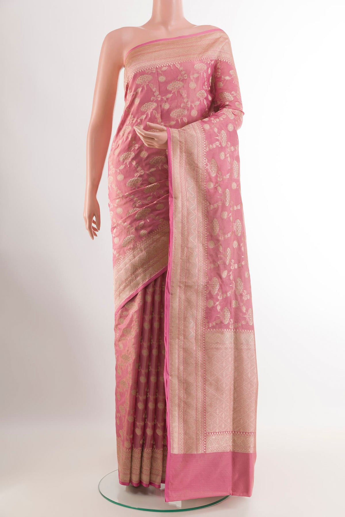 Pink Banarasi Silk Saree with Zari Brocade on the body and Zari Border.  displayed on a mannequin
