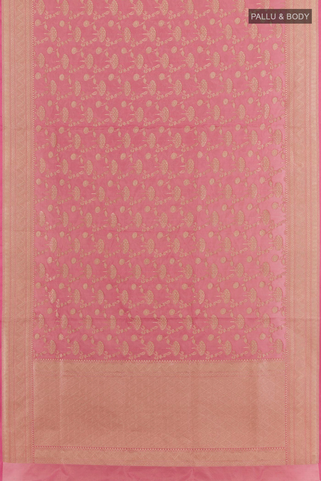 Flat view of Pink Banarasi Silk Saree with Zari Brocade on the body and Zari Border. 