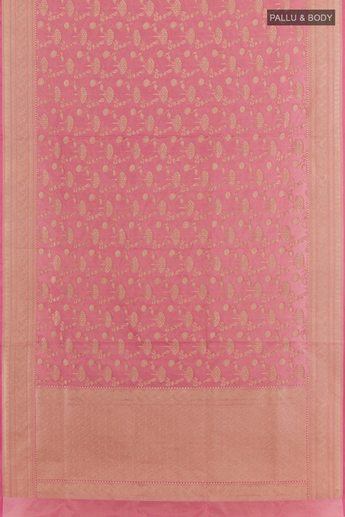 Flat view of Pink Banarasi Silk Saree with Zari Brocade on the body and Zari Border. 