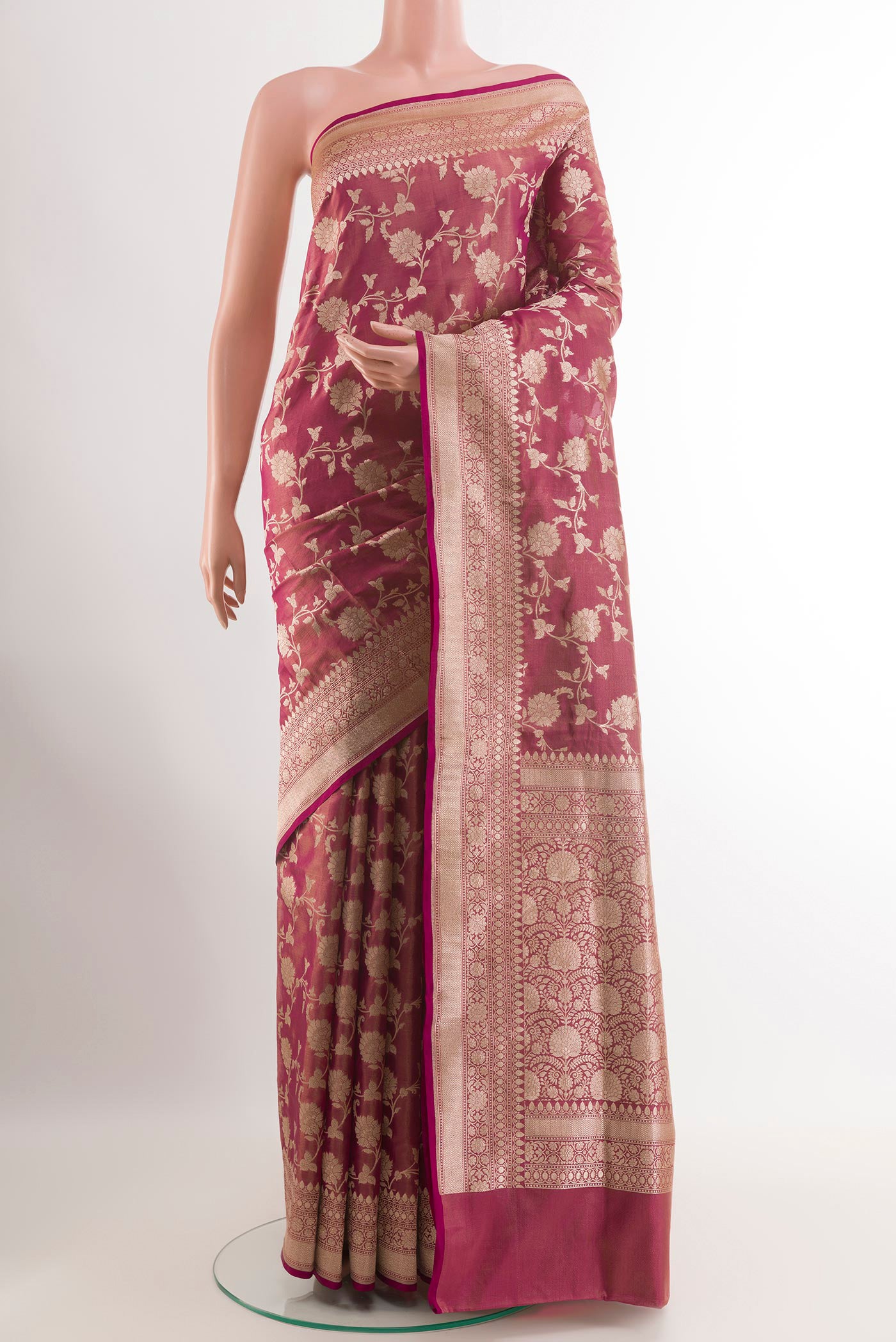 Purple Banarasi Silk Saree with Zari Brocade on the body and Zari Border.  displayed on a mannequin