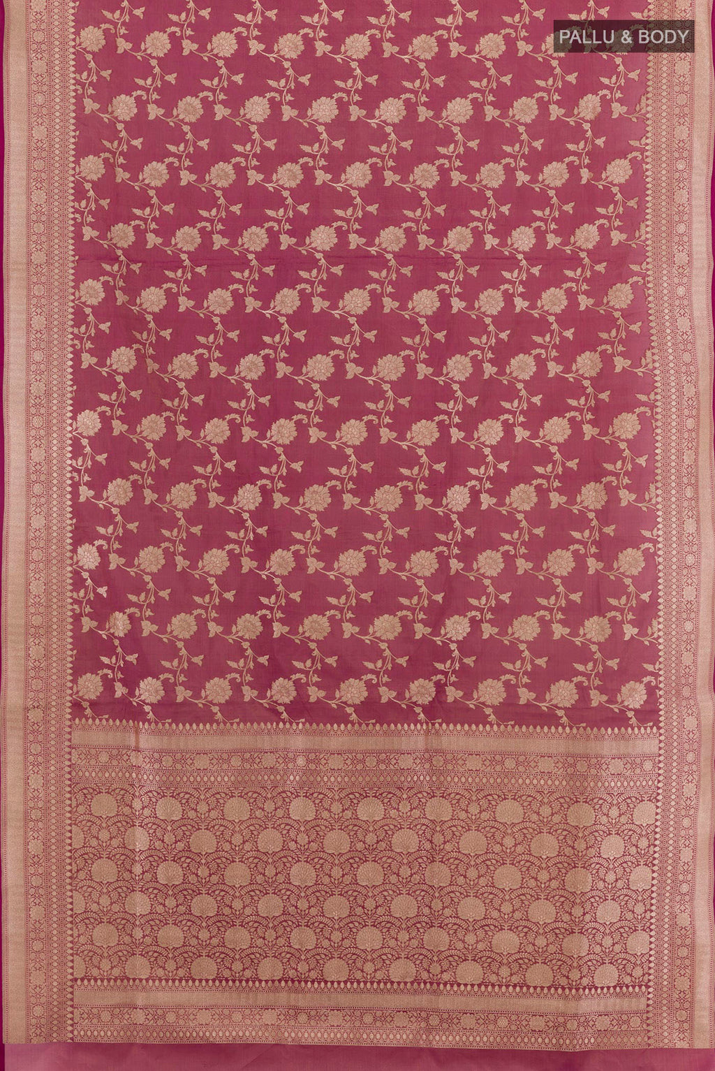Flat view of Purple Banarasi Silk Saree with Zari Brocade on the body and Zari Border. 
