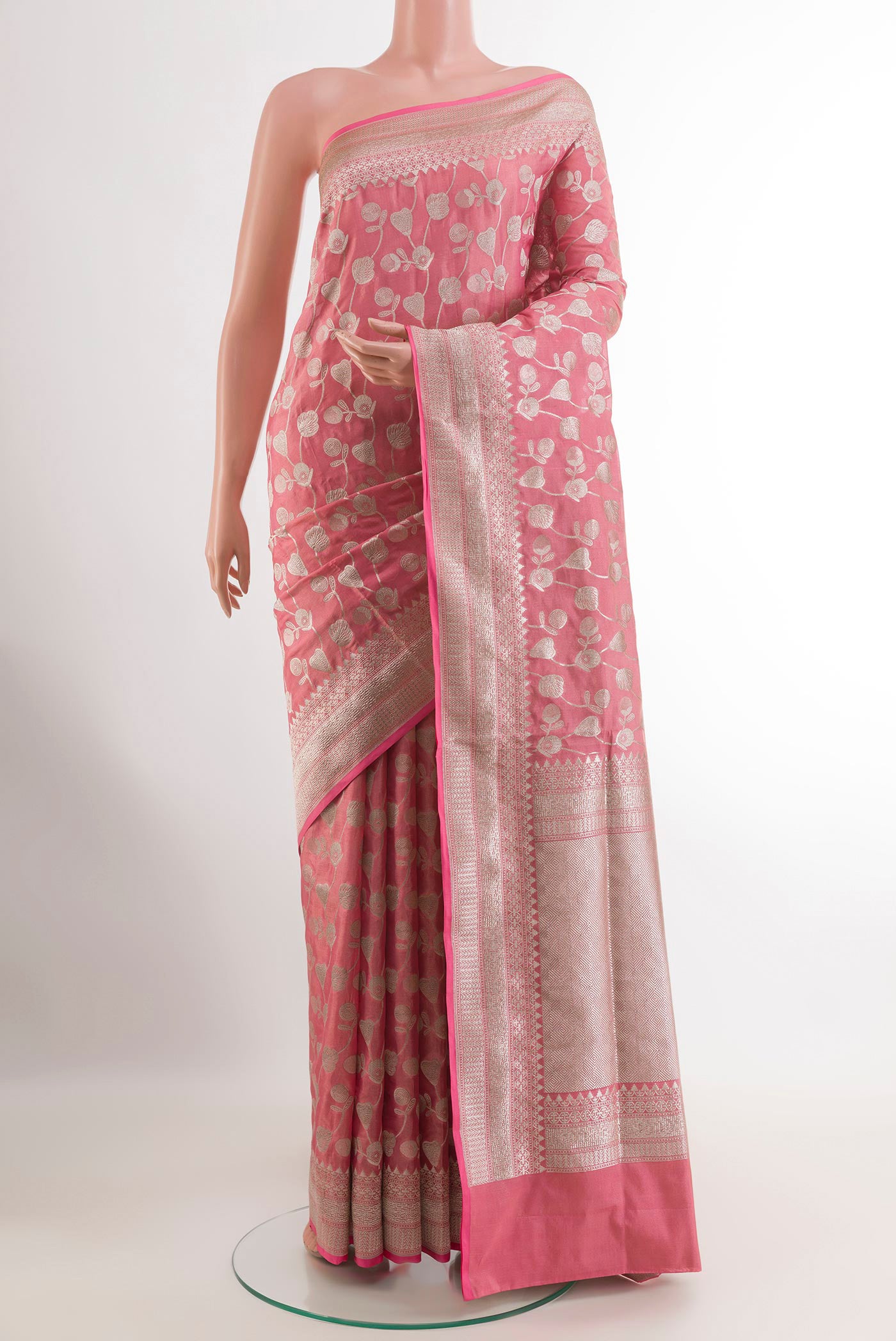 Pink Banarasi Silk Saree with Zari Brocade on the body and Zari Border.  displayed on a mannequin