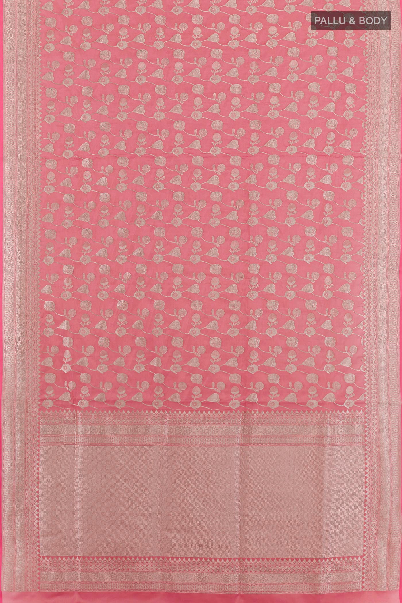 Flat view of Pink Banarasi Silk Saree with Zari Brocade on the body and Zari Border. 
