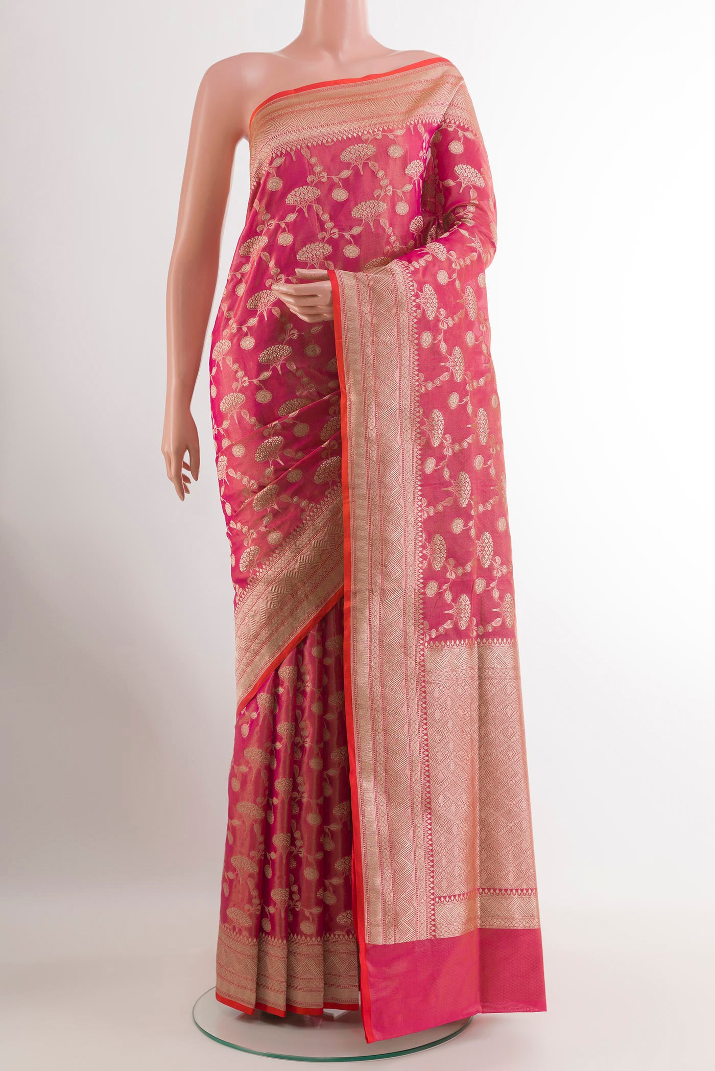 Pink Banarasi Silk Saree with Zari Brocade on the body and Zari Border.  displayed on a mannequin