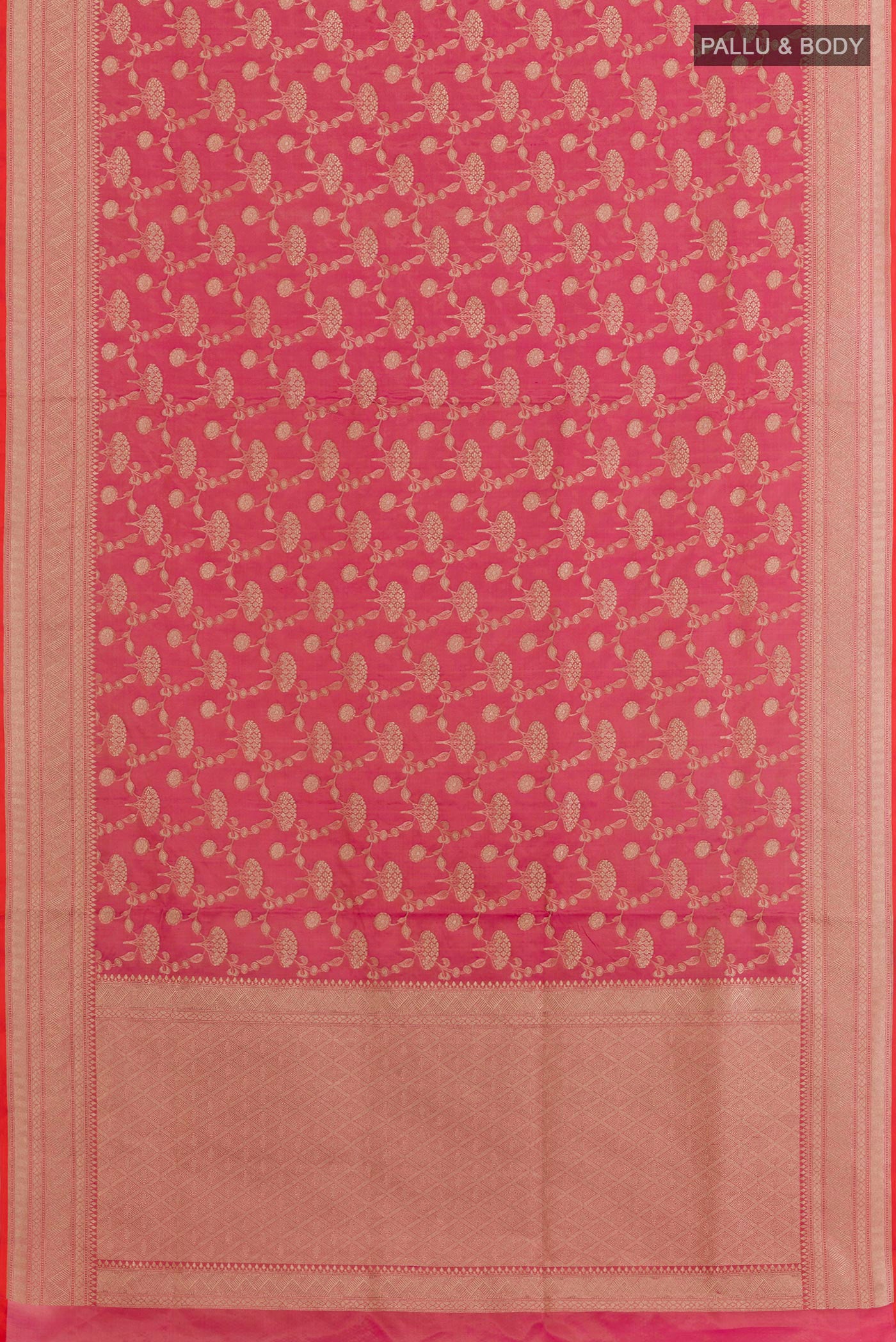Flat view of Pink Banarasi Silk Saree with Zari Brocade on the body and Zari Border. 