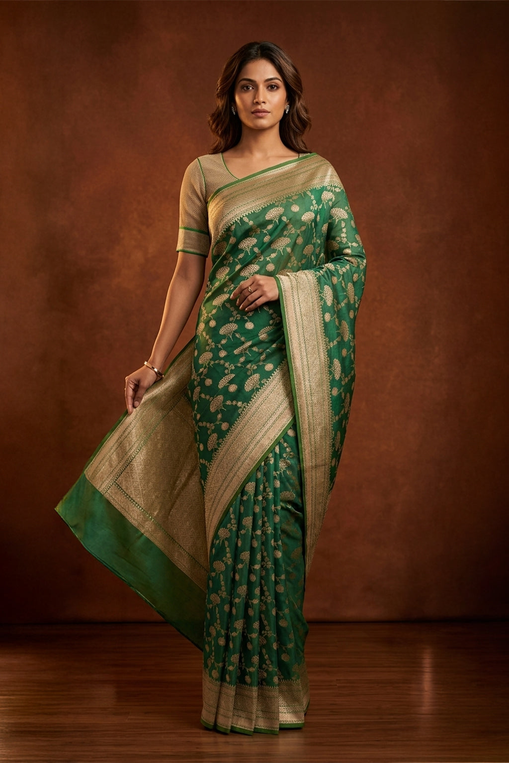 Model wearing a Green Banarasi Silk Saree with Zari Brocade on the body and Zari Border.