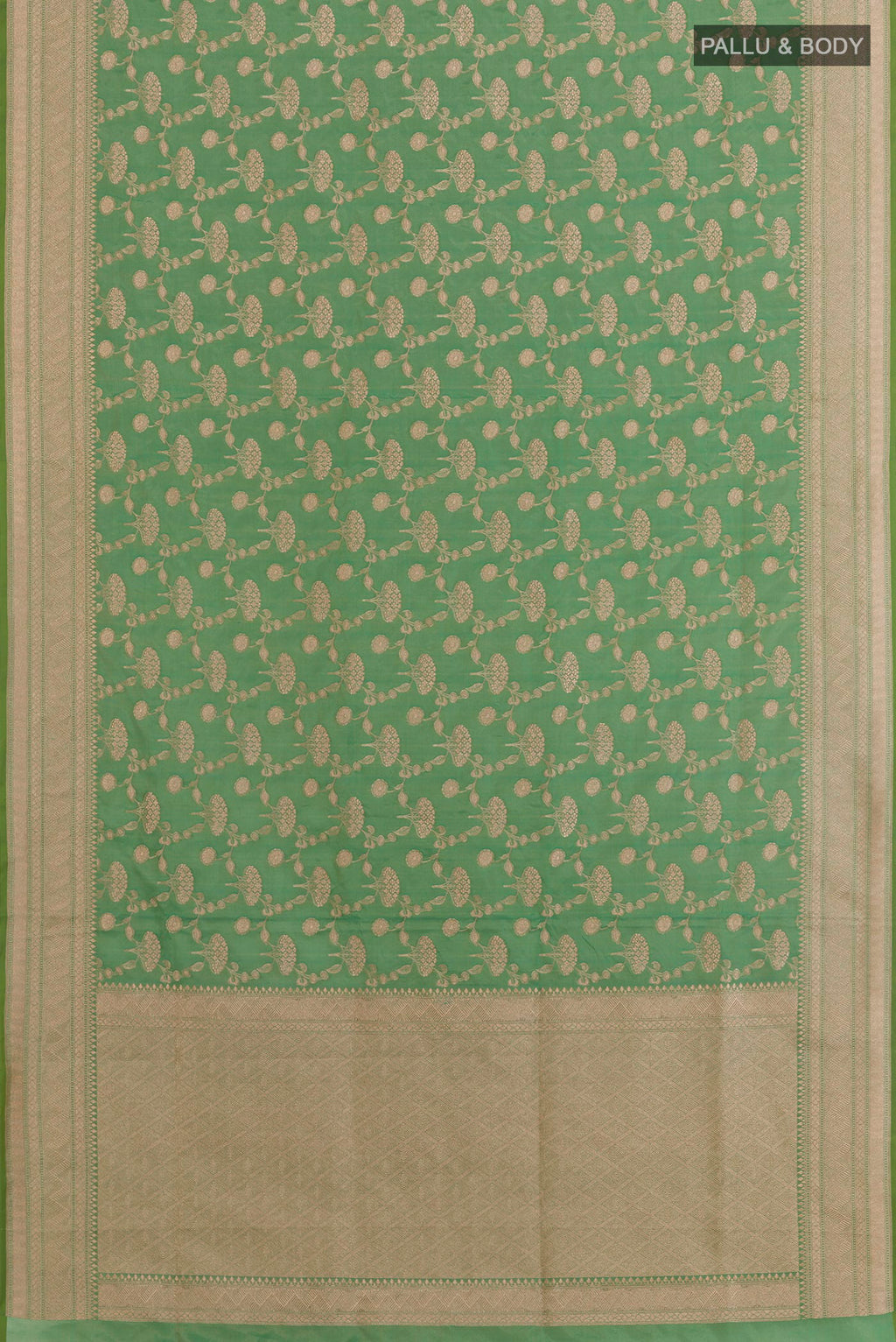 Flat view of Green Banarasi Silk Saree with Zari Brocade on the body and Zari Border. 