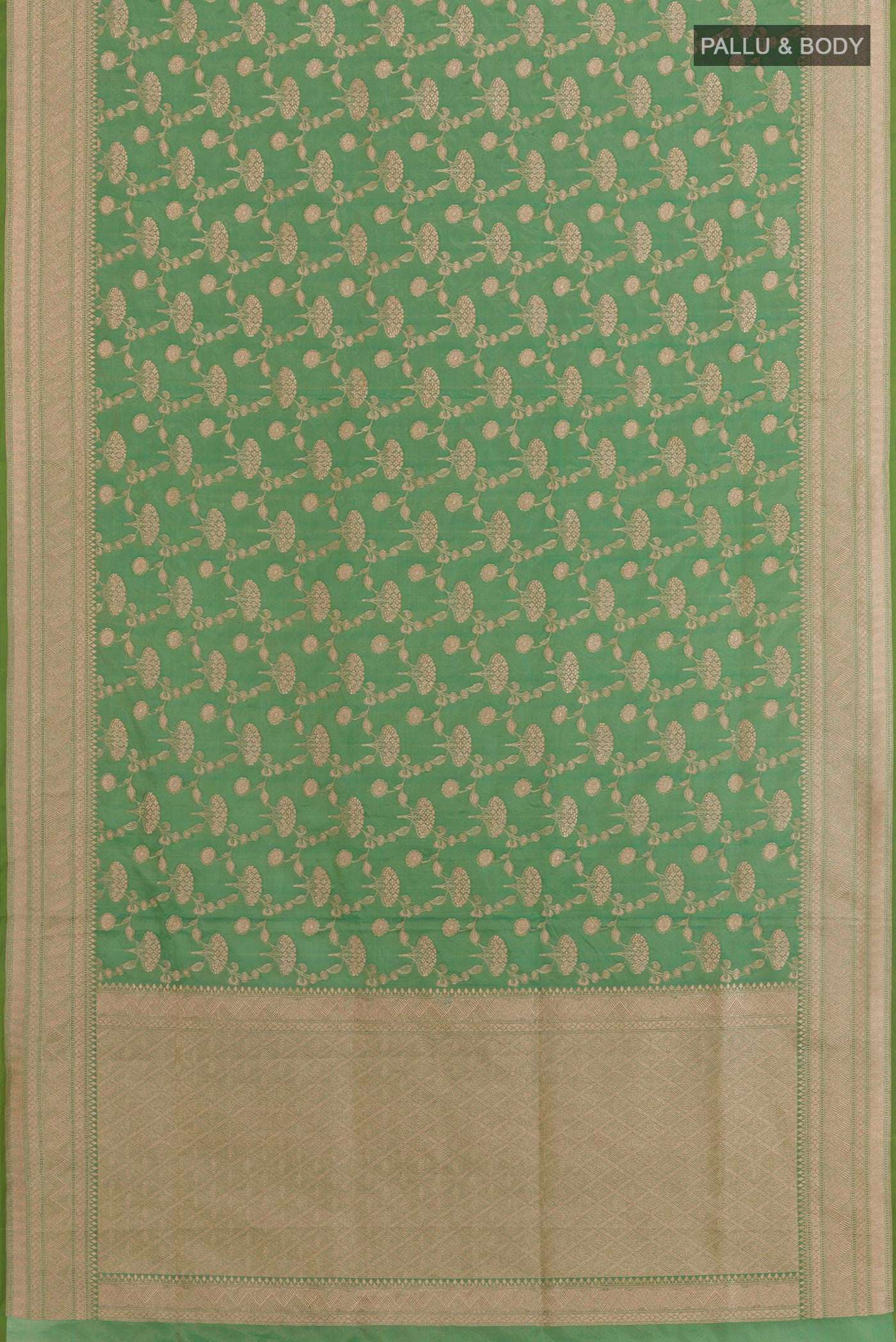 Flat view of Green Banarasi Silk Saree with Zari Brocade on the body and Zari Border. 