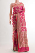 Pink Banarasi Silk Saree with Zari Brocade on the body and Zari Border.  displayed on a mannequin