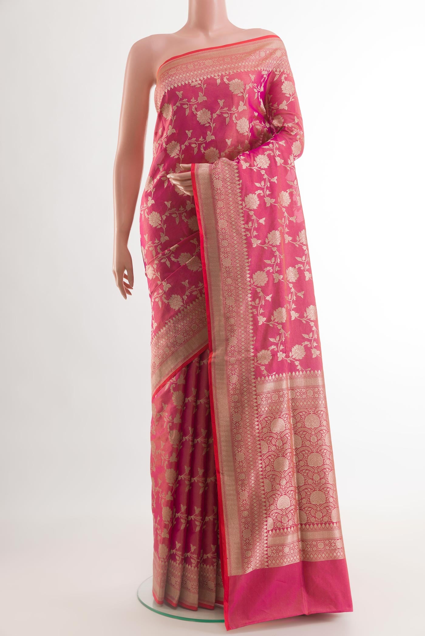 Pink Banarasi Silk Saree with Zari Brocade on the body and Zari Border.  displayed on a mannequin