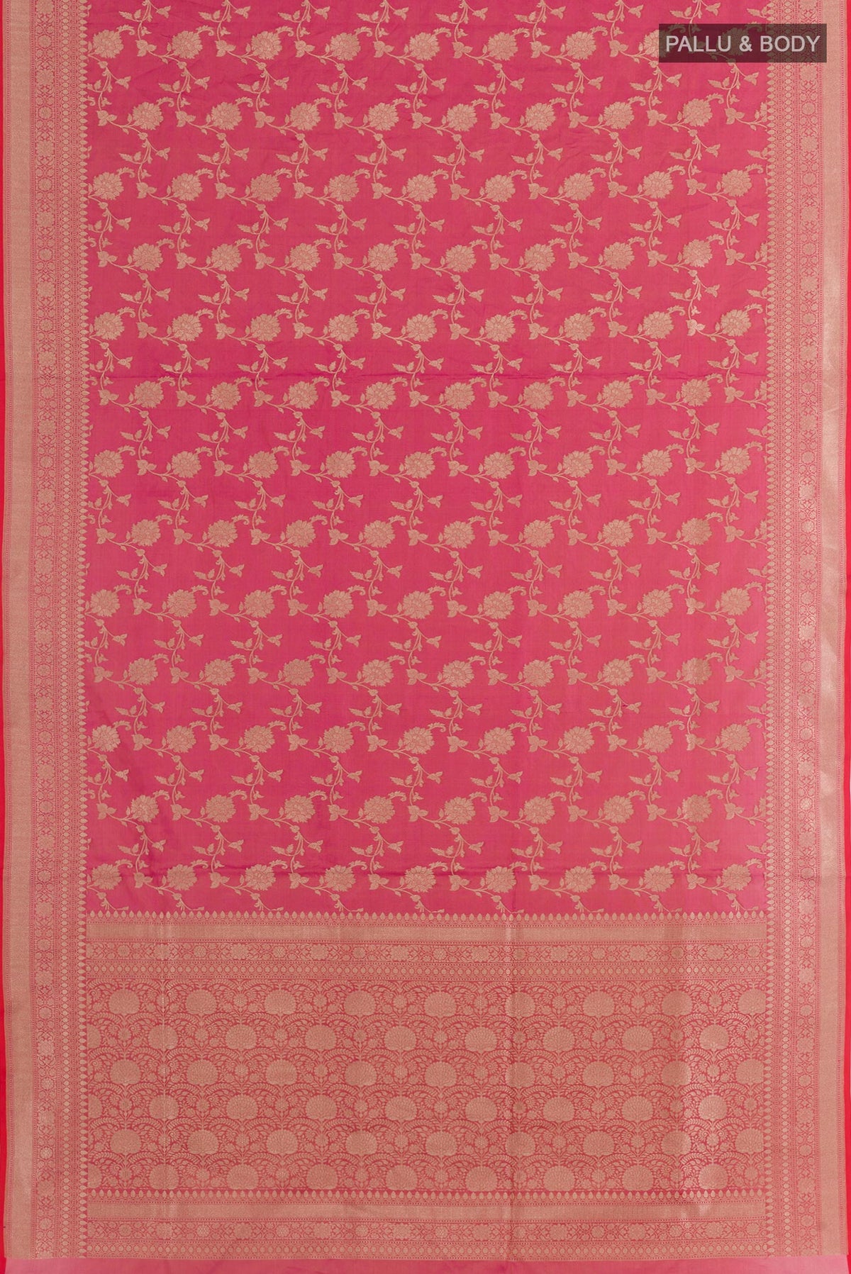 Flat view of Pink Banarasi Silk Saree with Zari Brocade on the body and Zari Border. 