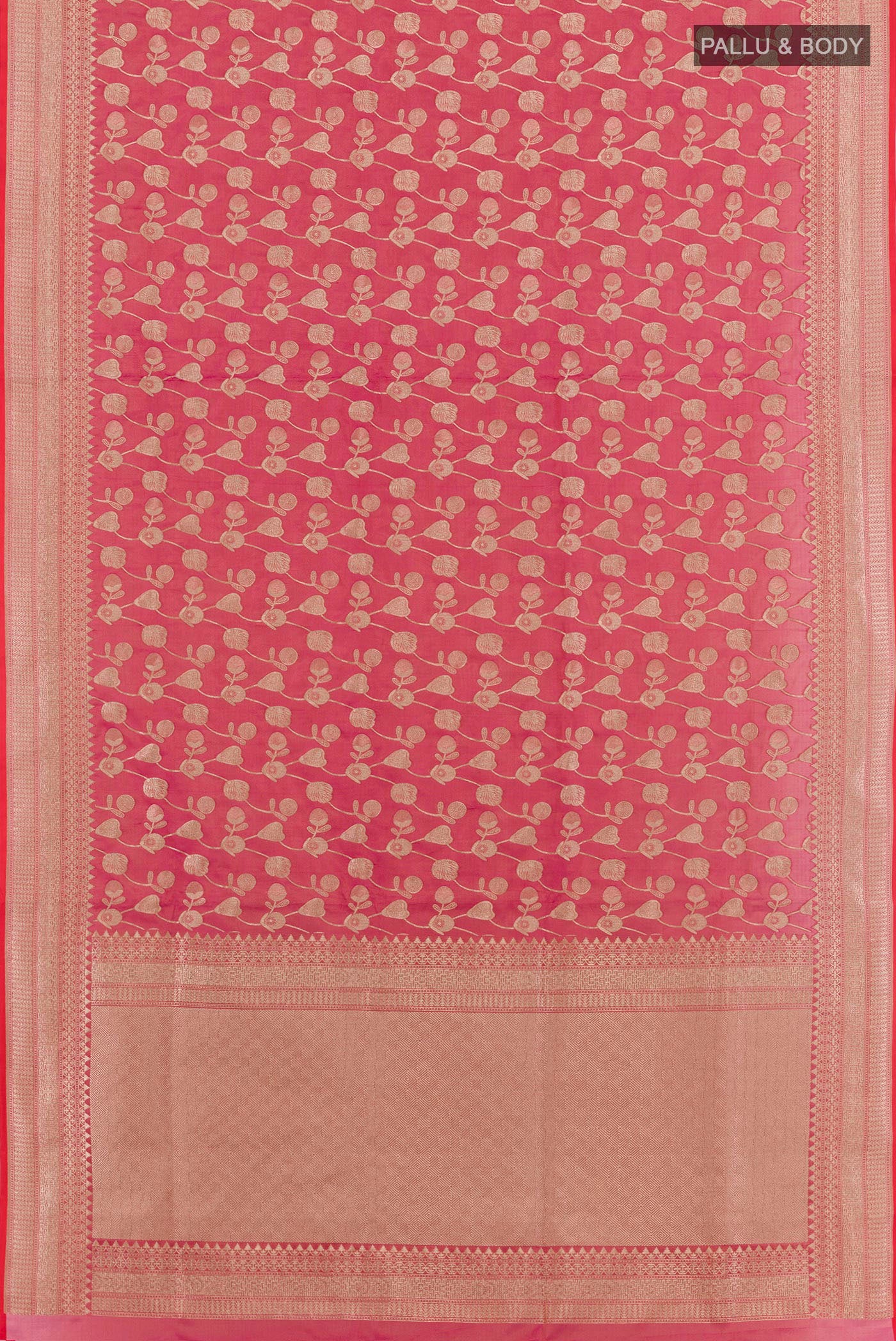 Flat view of Pink Banarasi Silk Saree with Zari Brocade on the body and Zari Border. 