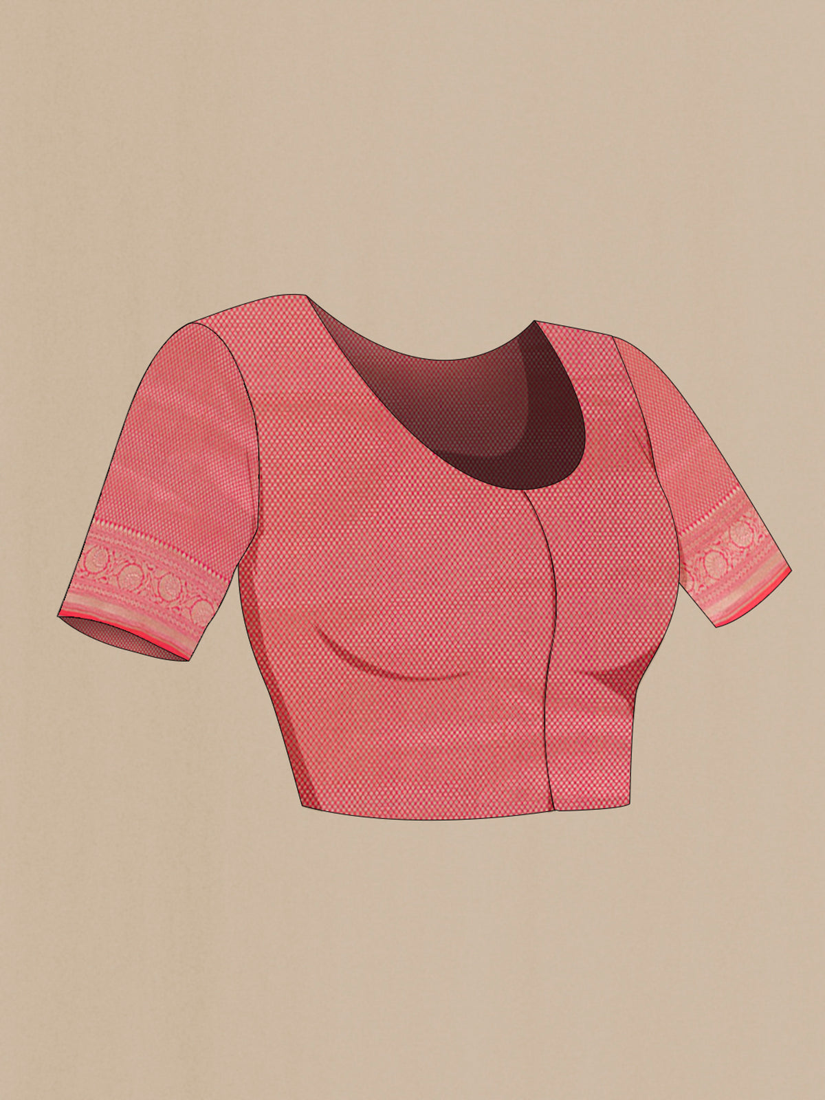 Close up image of the blouse of Pink Banarasi Silk Saree with Zari Brocade on the body and Zari Border. 