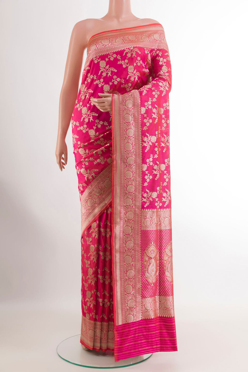 Pink Banarasi Silk Saree with Zari Brocade on the body and Zari Border.  displayed on a mannequin