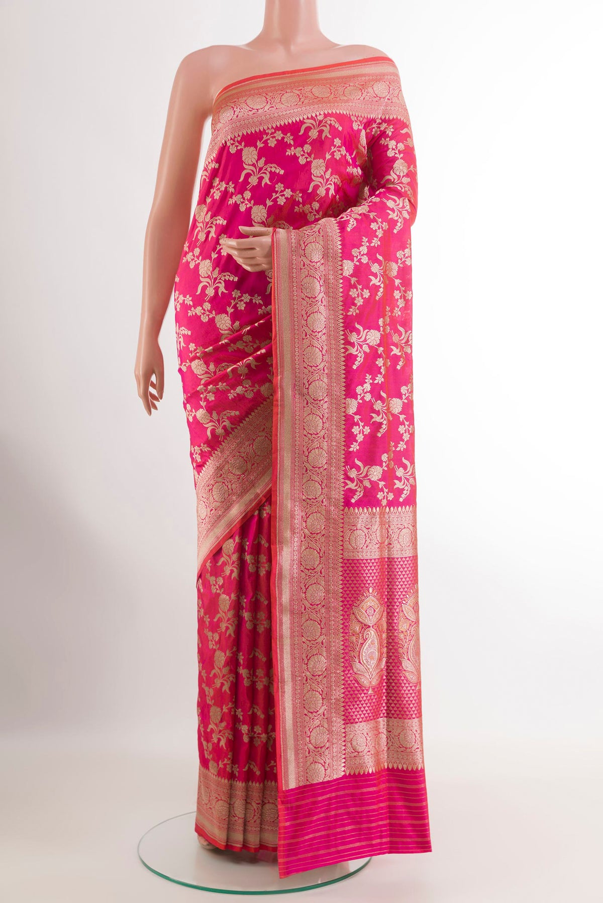 Pink Banarasi Silk Saree with Zari Brocade on the body and Zari Border.  displayed on a mannequin