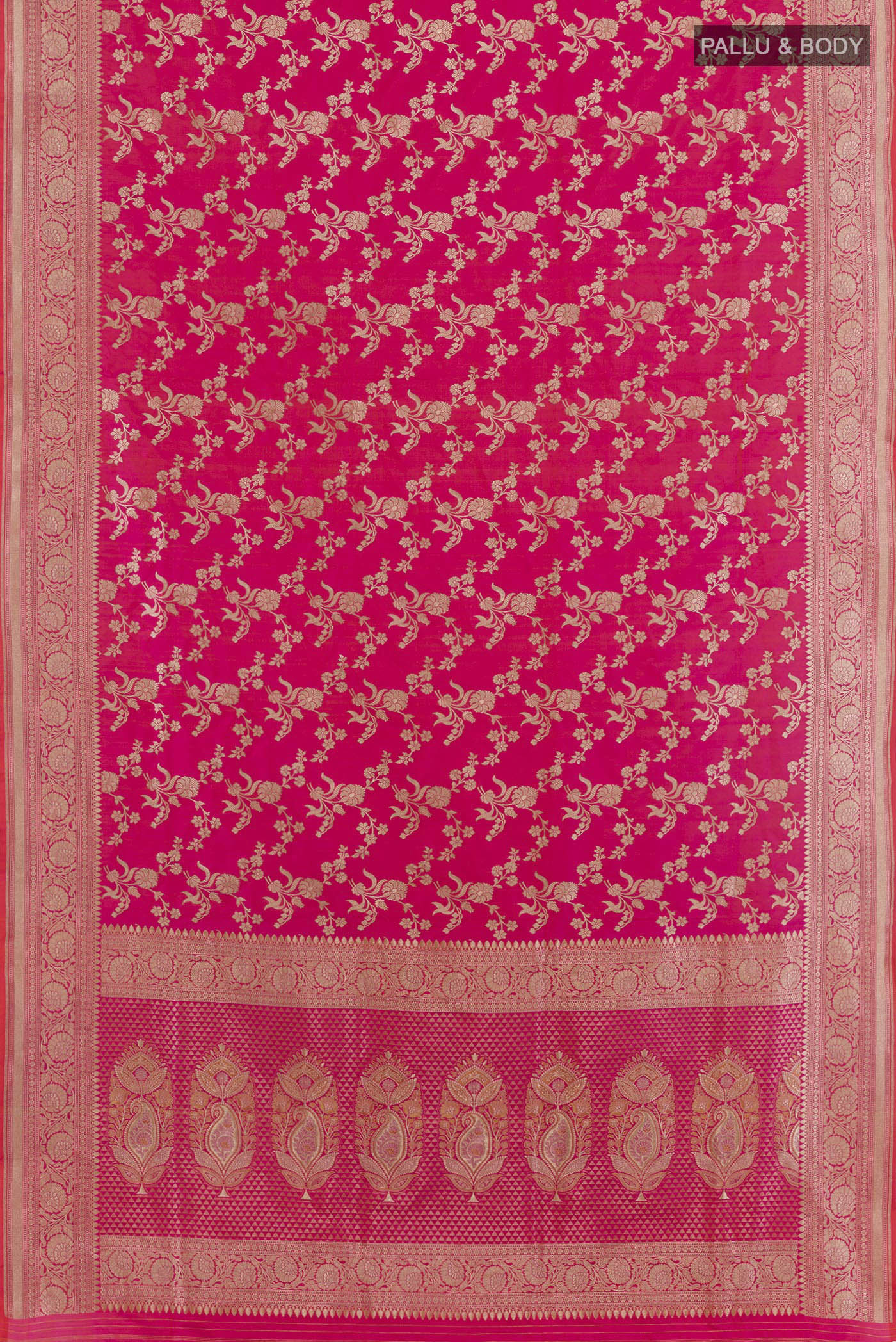 Flat view of Pink Banarasi Silk Saree with Zari Brocade on the body and Zari Border. 