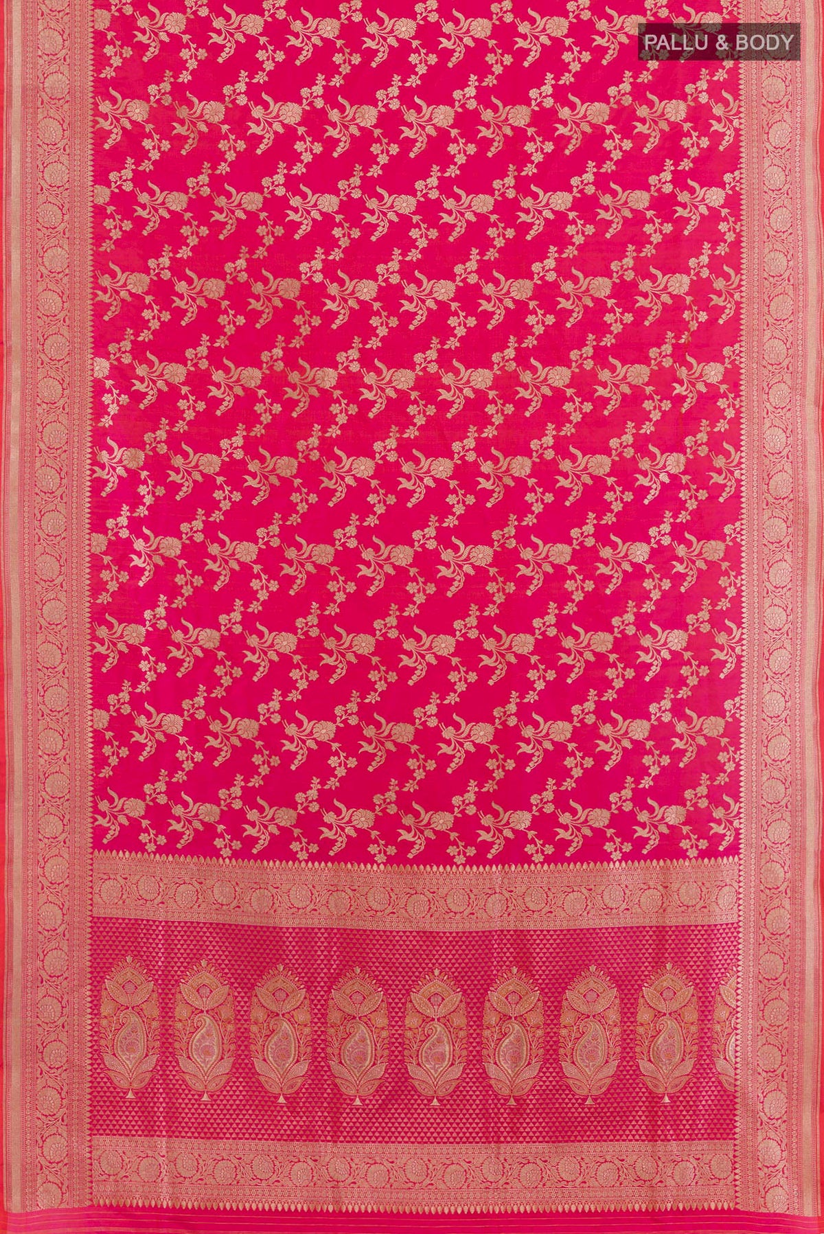 Flat view of Pink Banarasi Silk Saree with Zari Brocade on the body and Zari Border. 