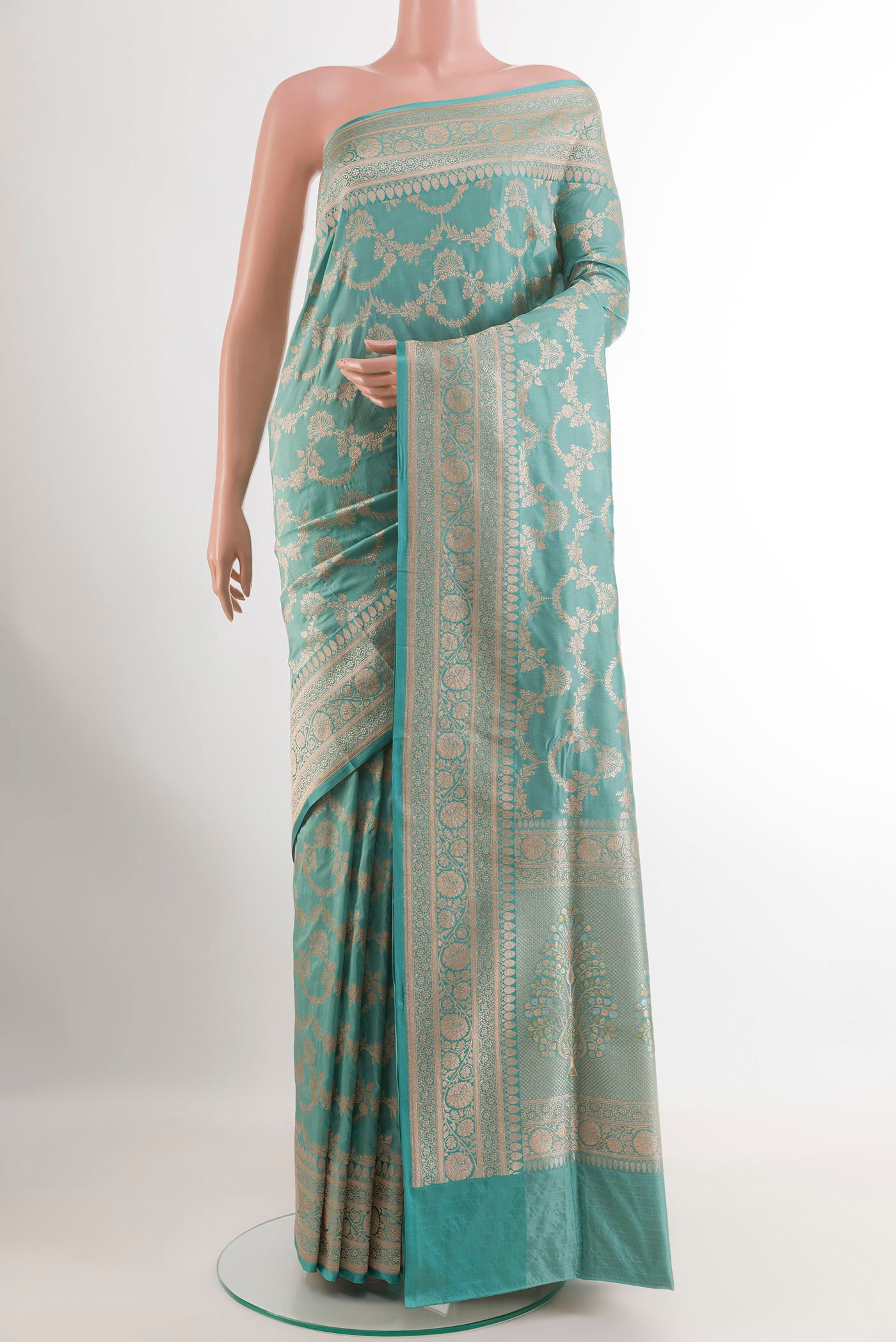 Blue Banarasi Silk Saree with Zari Brocade on the body and Zari Border.  displayed on a mannequin