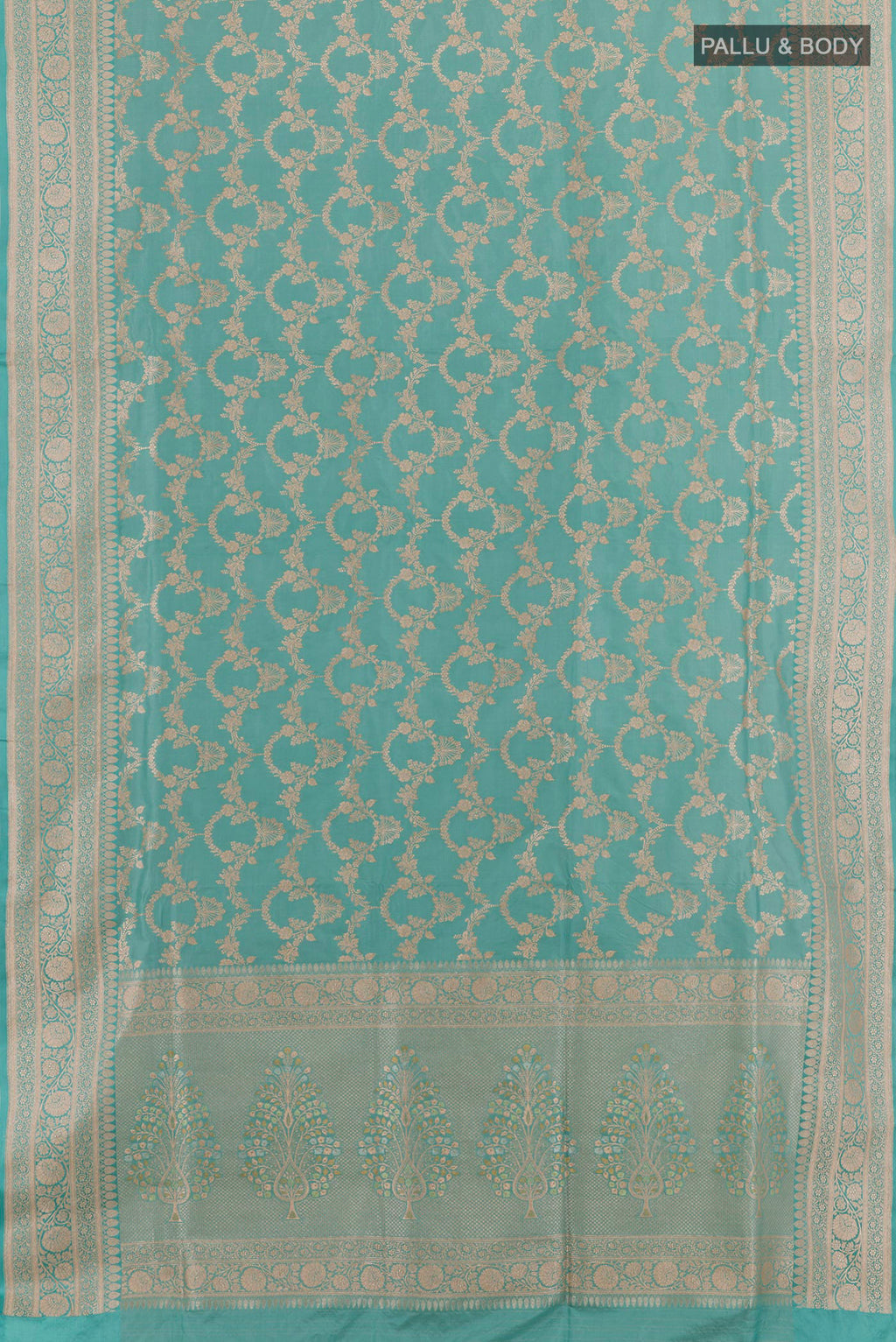 Flat view of Blue Banarasi Silk Saree with Zari Brocade on the body and Zari Border. 