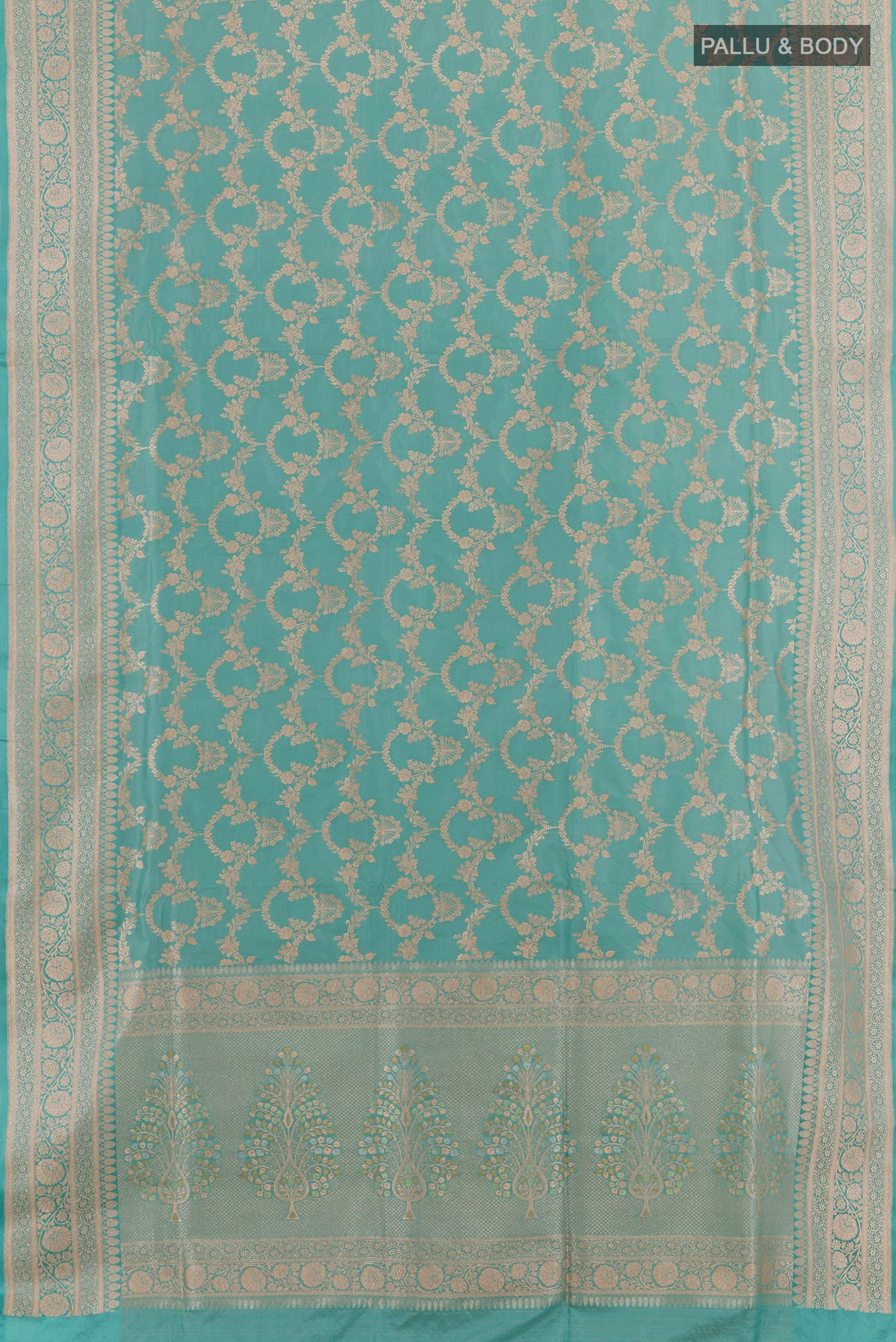 Flat view of Blue Banarasi Silk Saree with Zari Brocade on the body and Zari Border. 