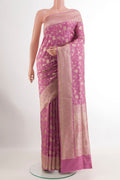 Lavender Banarasi Silk Saree with Zari Brocade on the body and Zari Border.  displayed on a mannequin
