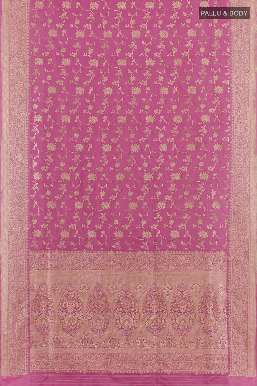 Flat view of Lavender Banarasi Silk Saree with Zari Brocade on the body and Zari Border. 