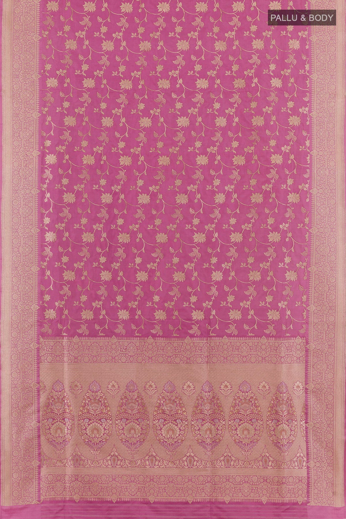Flat view of Lavender Banarasi Silk Saree with Zari Brocade on the body and Zari Border. 
