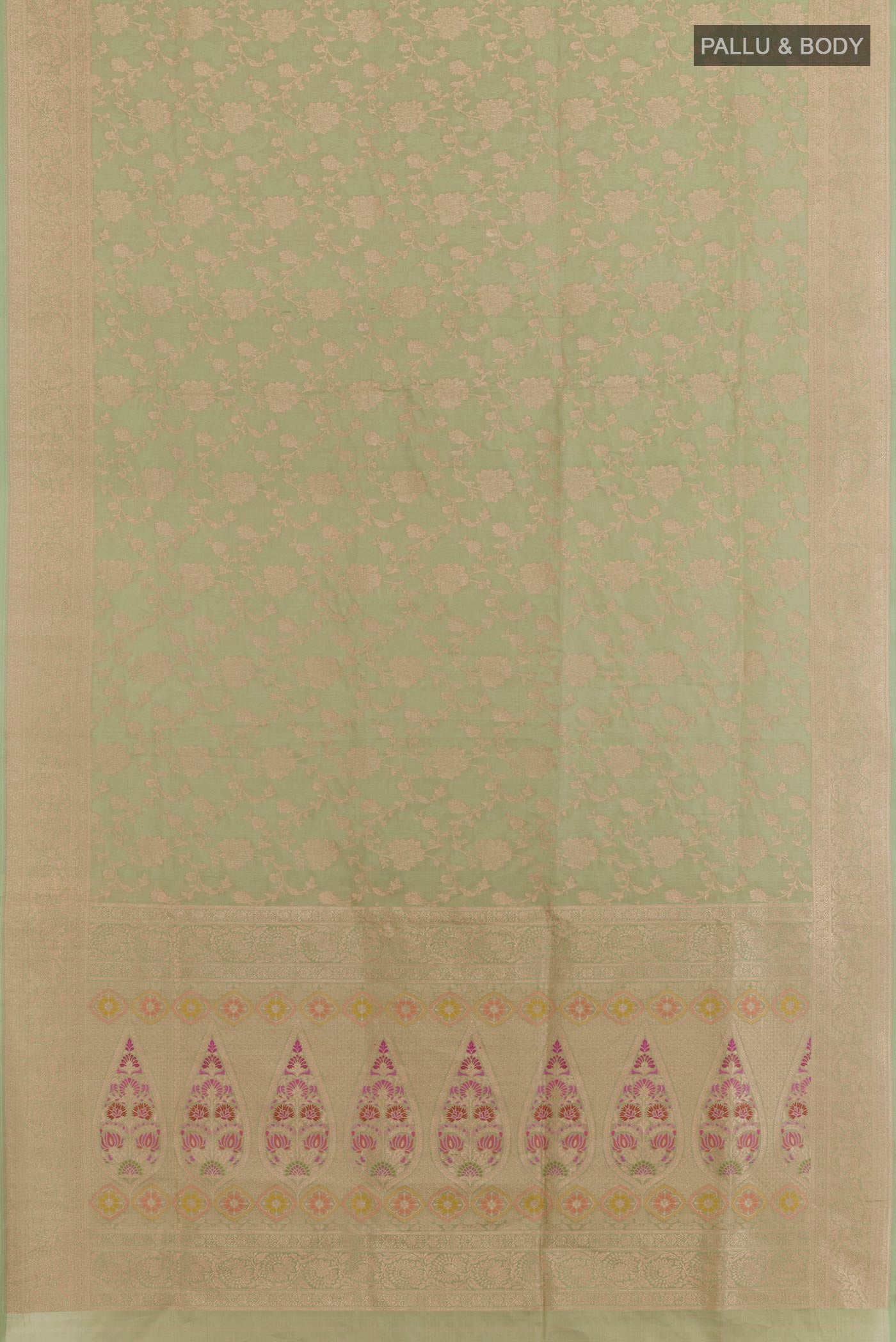 Flat view of Green Banarasi Silk Saree with Zari Brocade on the body and Zari Border. 