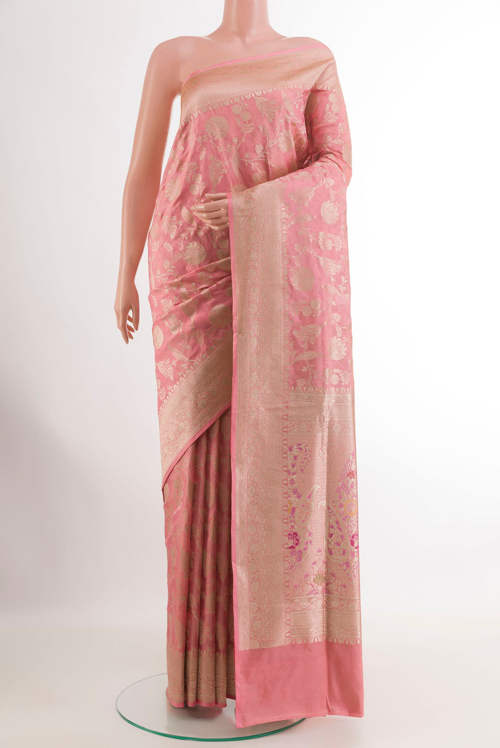 Pink Banarasi Silk Saree with Zari Brocade on the body and Zari Border.  displayed on a mannequin