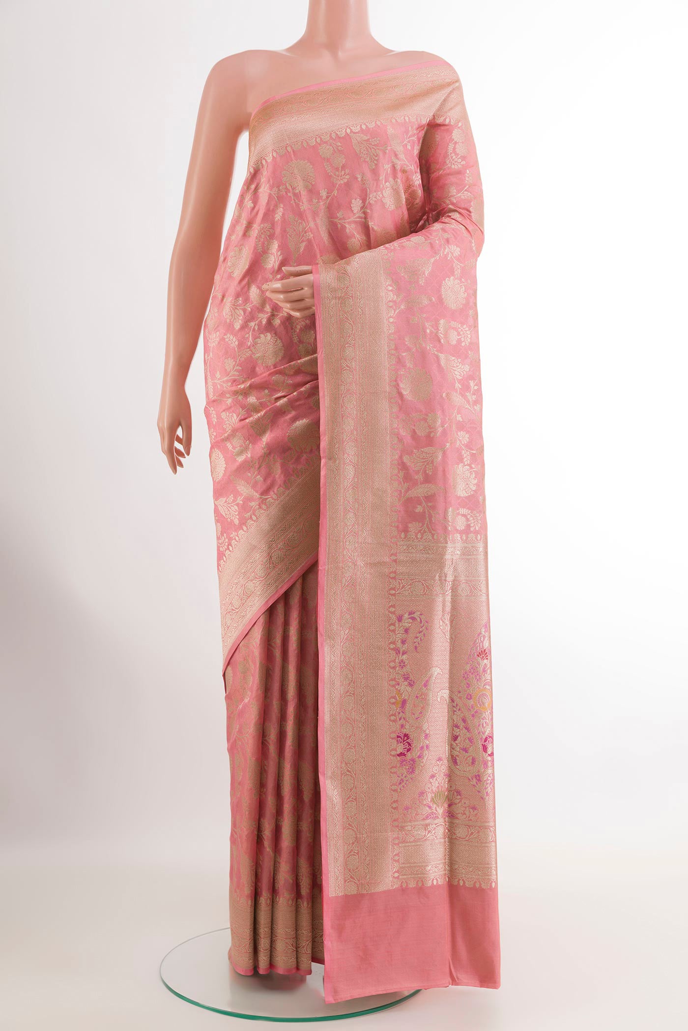 Pink Banarasi Silk Saree with Zari Brocade on the body and Zari Border.  displayed on a mannequin