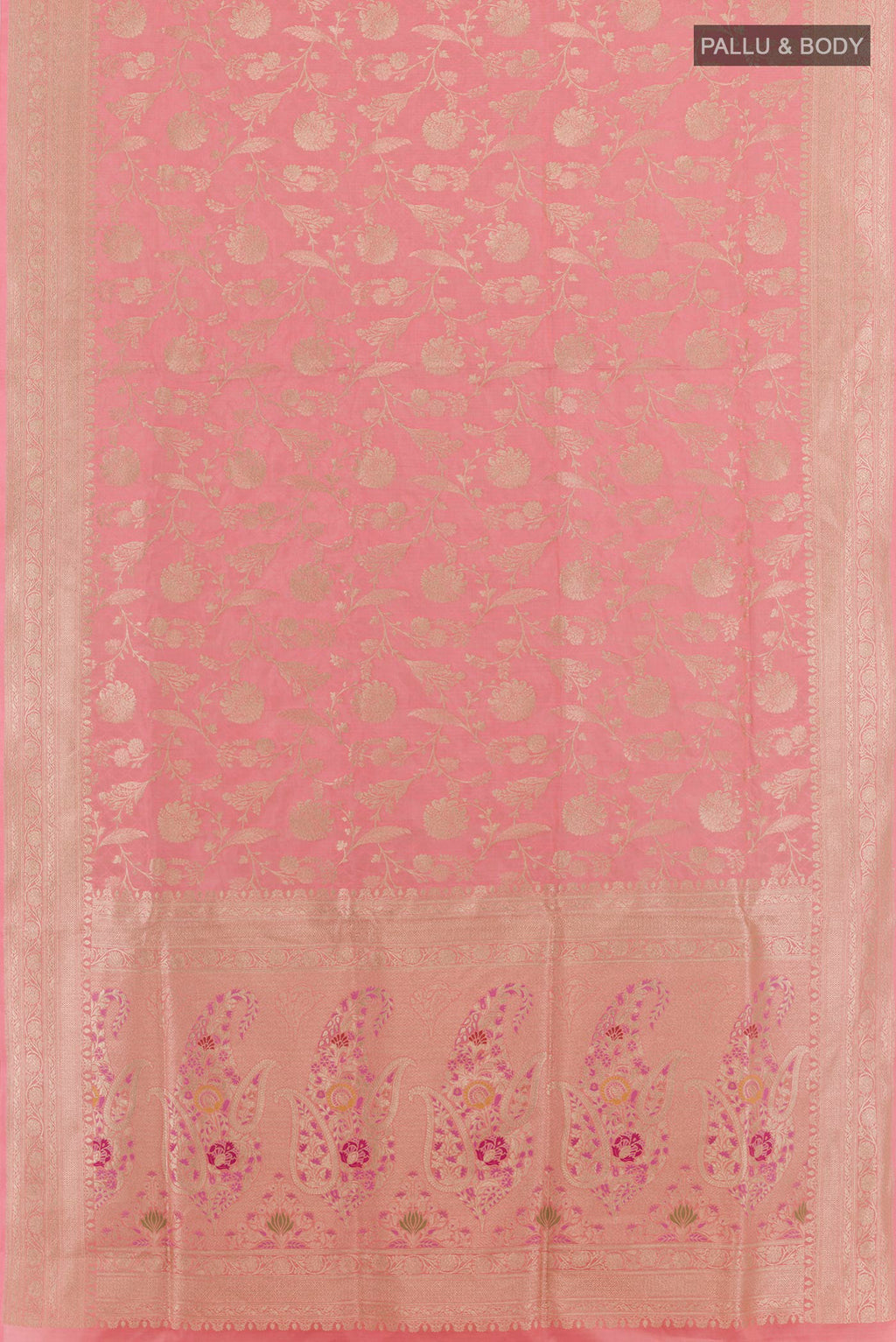 Flat view of Pink Banarasi Silk Saree with Zari Brocade on the body and Zari Border. 