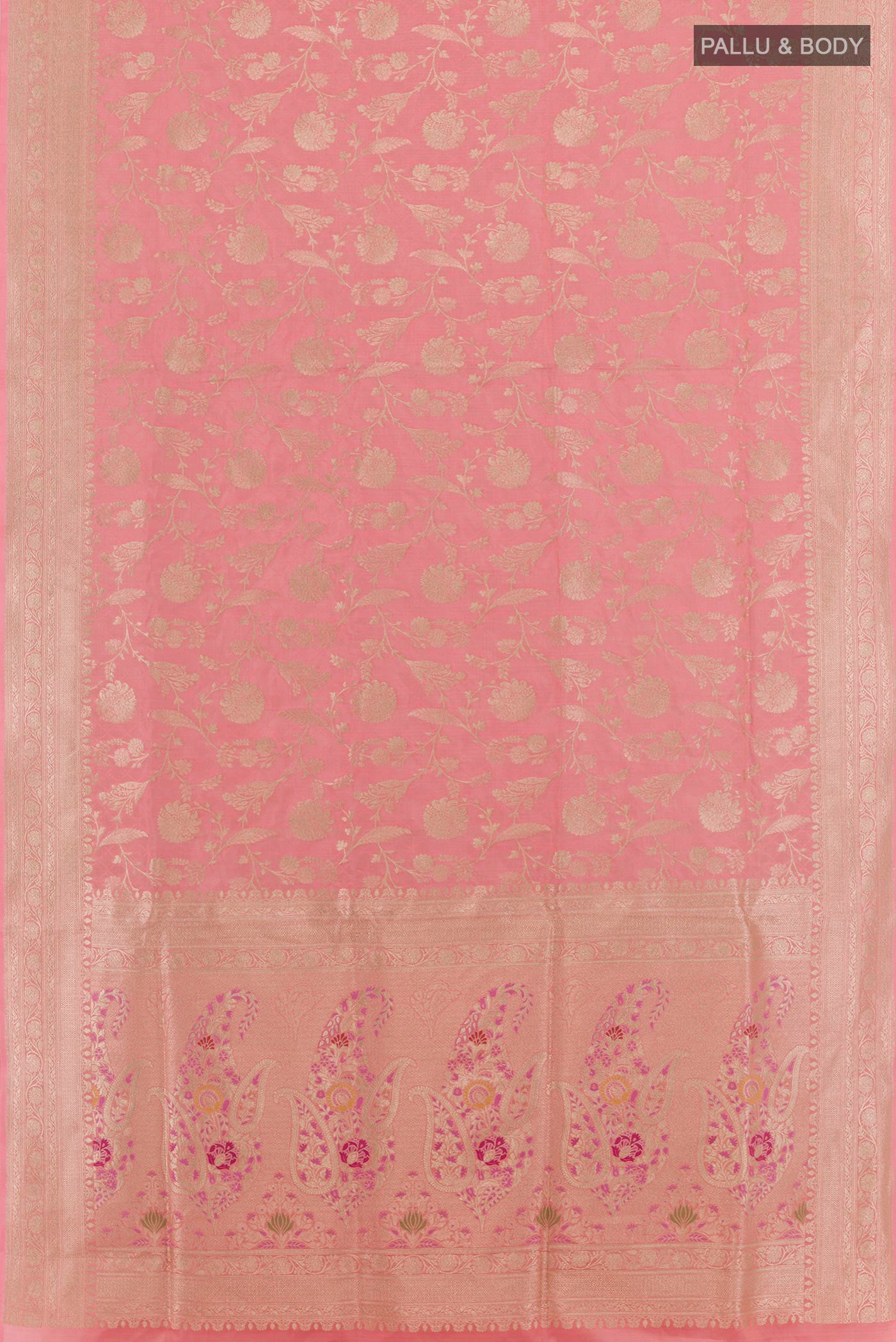 Flat view of Pink Banarasi Silk Saree with Zari Brocade on the body and Zari Border. 