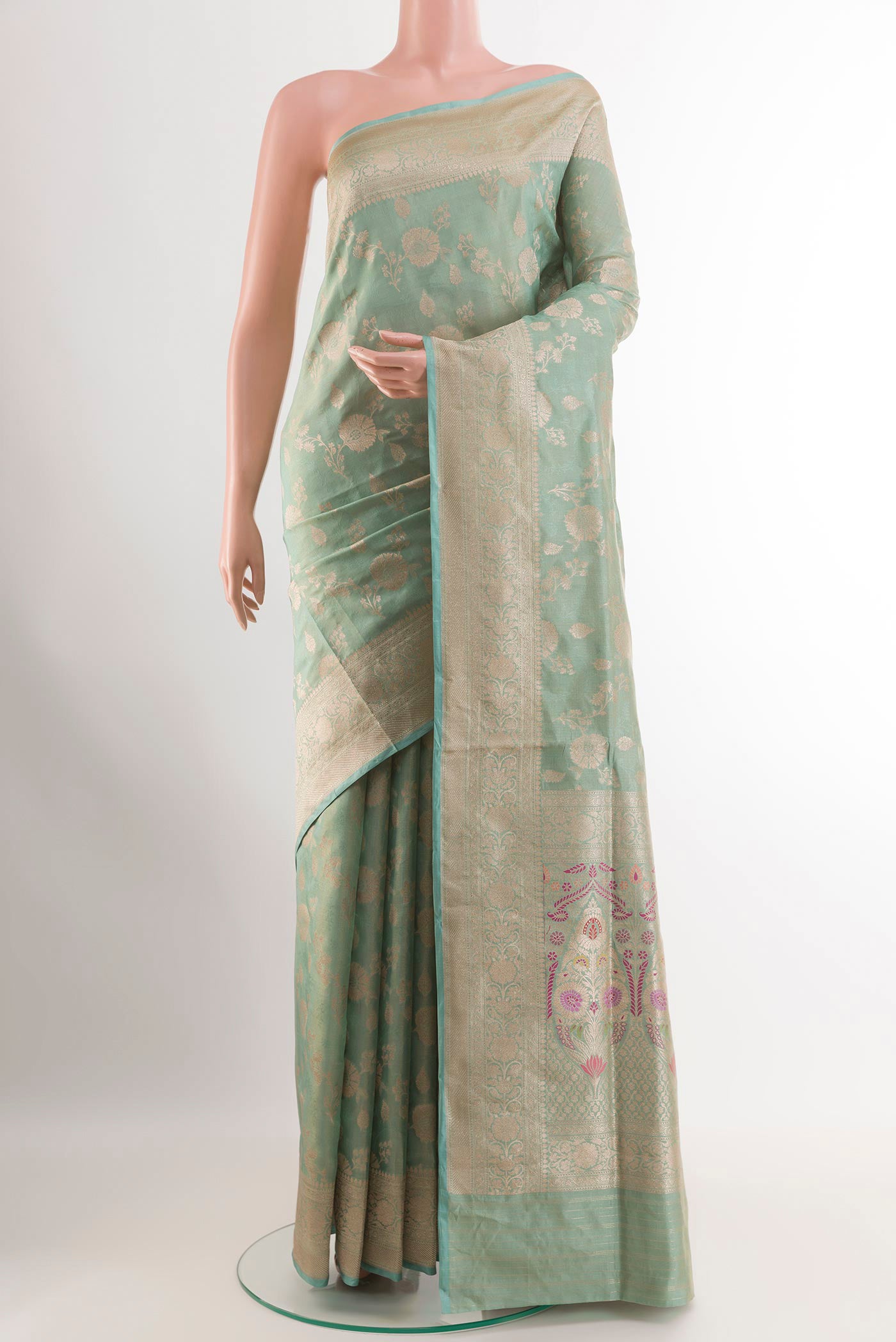 Blue Banarasi Silk Saree with Zari Brocade on the body and Zari Border.  displayed on a mannequin