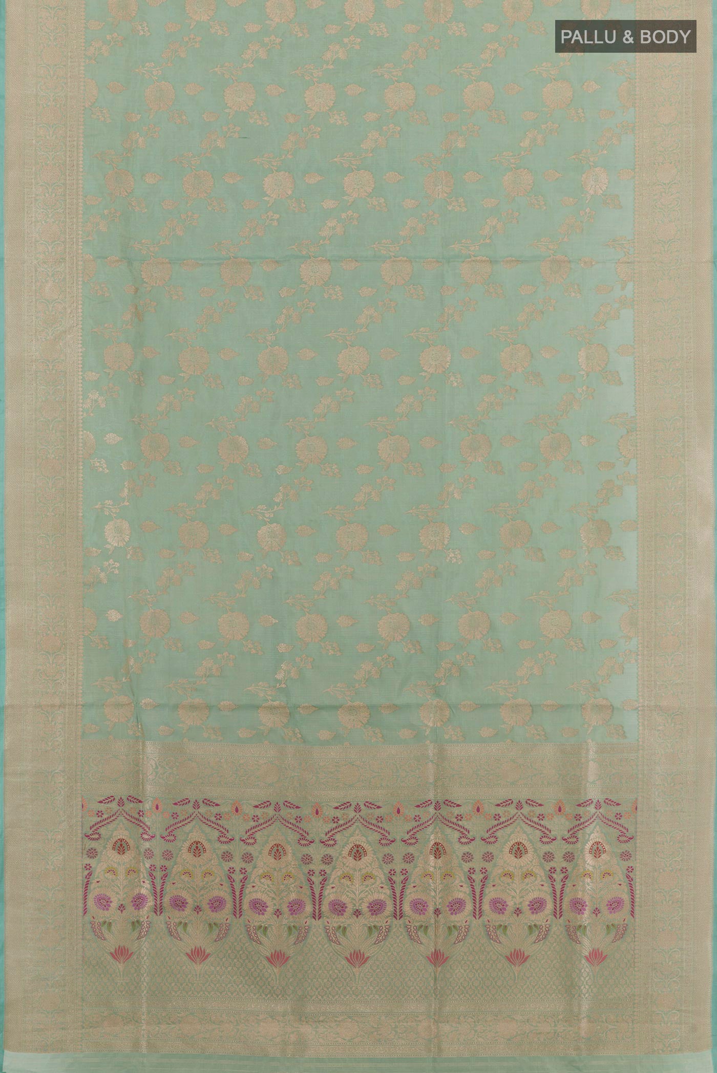 Flat view of Blue Banarasi Silk Saree with Zari Brocade on the body and Zari Border. 